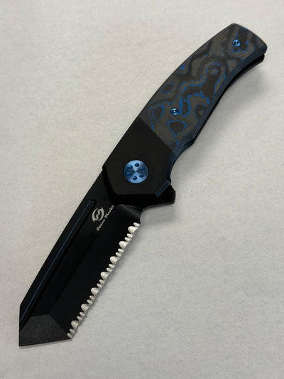 Beans Blades Mini Warrior Folder - Electric Blue Carbon Fiber, Full Serrated PVD M390