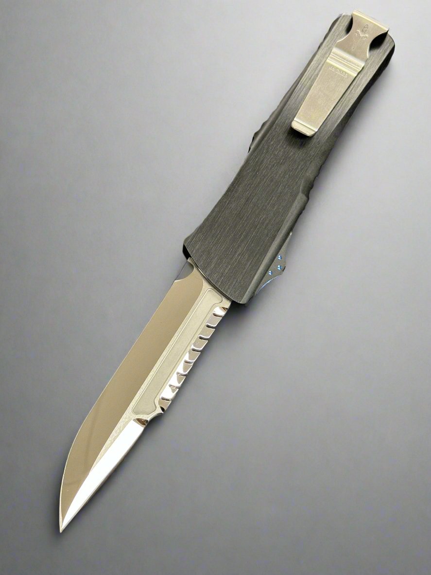 Pre Owned Marfione Custom Knives Combat Troodon Interceptor Mirror Polish w/ Hefted Black Handle & Blue Ringed Hardware