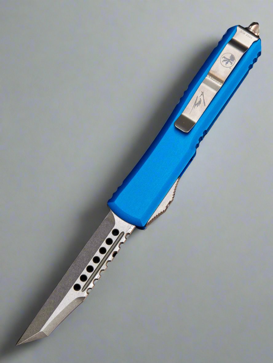 Microtech 119W-10BLS Signature Series Ultratech Warhound AUTO OTF 3.46" Stonewashed Wharncliffe Blade, Blue Aluminum Handles