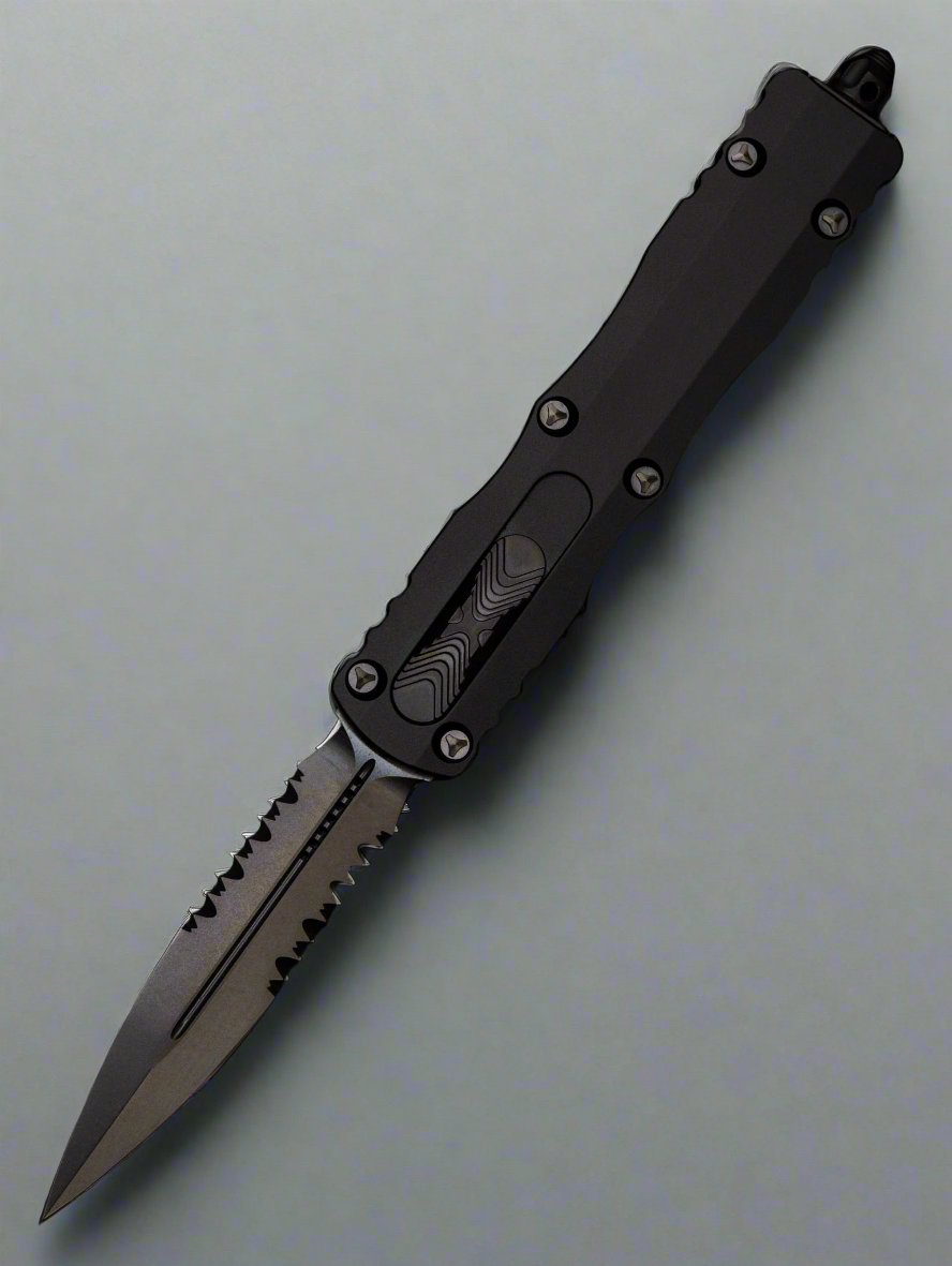 Microtech Dirac Delta Double Edge Partial Serrated DLC Shadow Signature Series 227-2DLCTSH