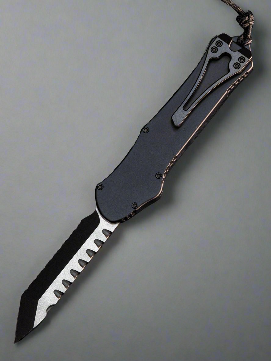 Heretic Hydra V3 Tactical Black Aluminum Handle & 2 Tone DLC Tanto MagnaCut Full Serrated H006-11C-T
