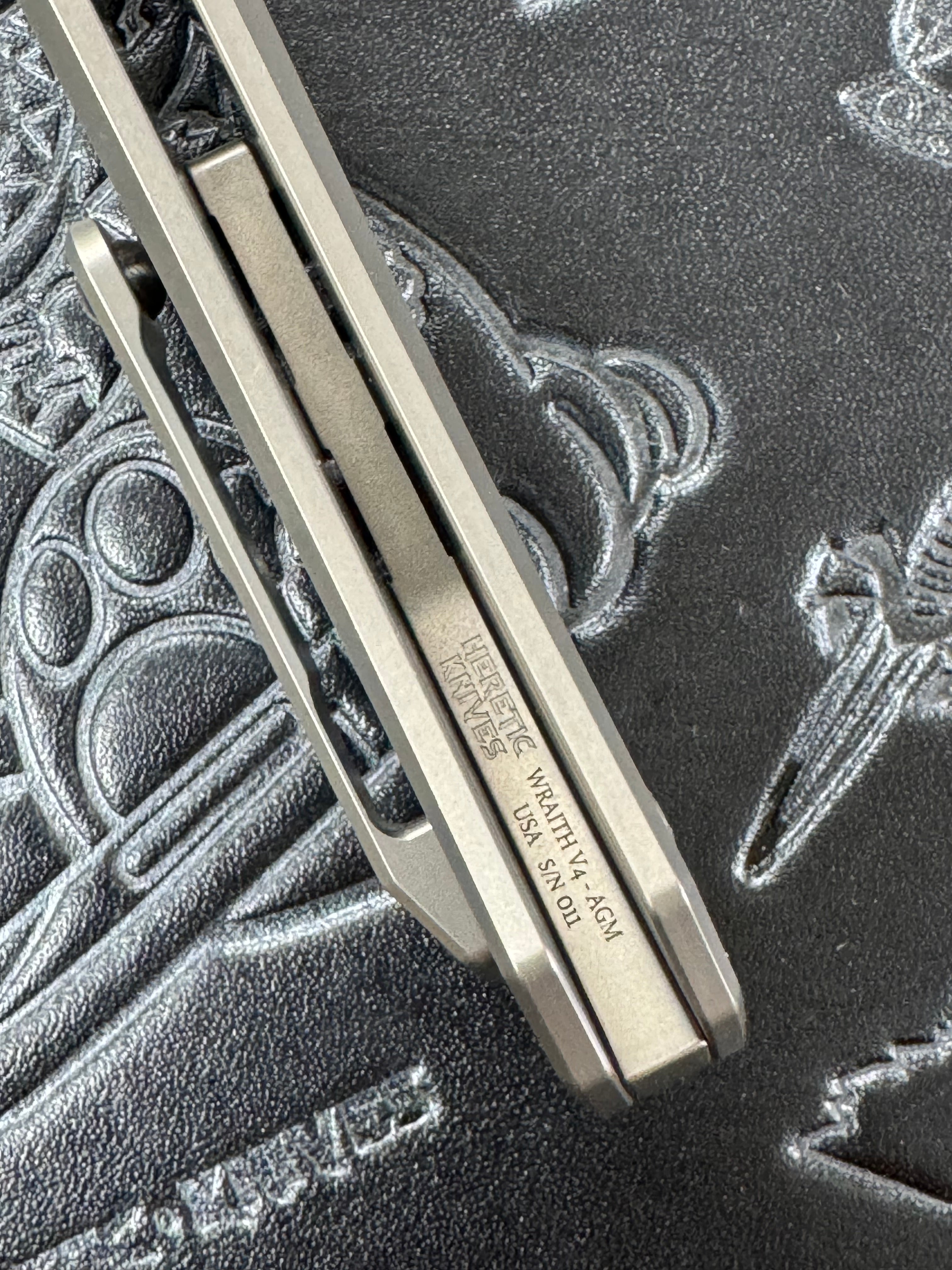 Heretic Knives Custom Wraith Auto V4 w/ Abalone Inlays & Hand Ground Mirror M390 Tanto Blade