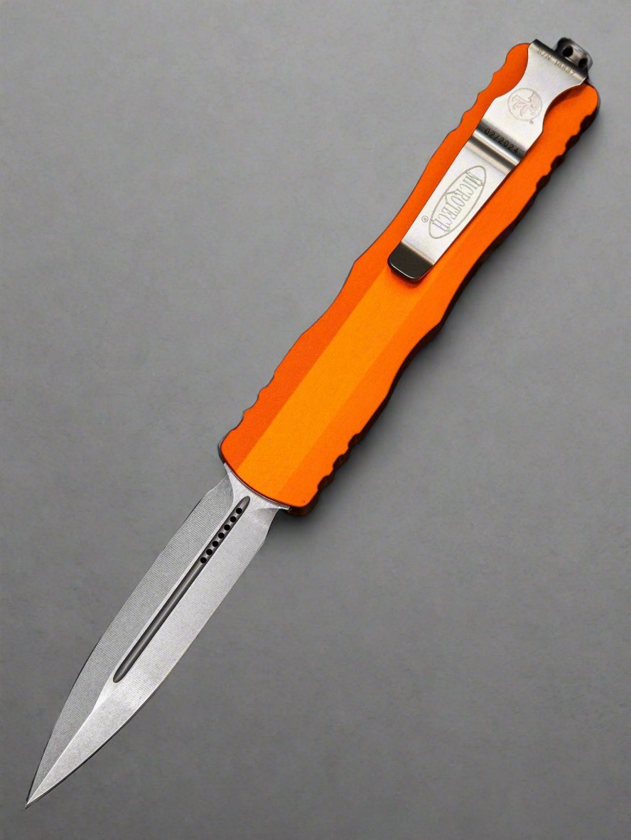 Microtech 225-10 OR Dirac AUTO OTF Knife 2.92" Stonewashed Double Edge Dagger Blade, Orange Aluminum Handles