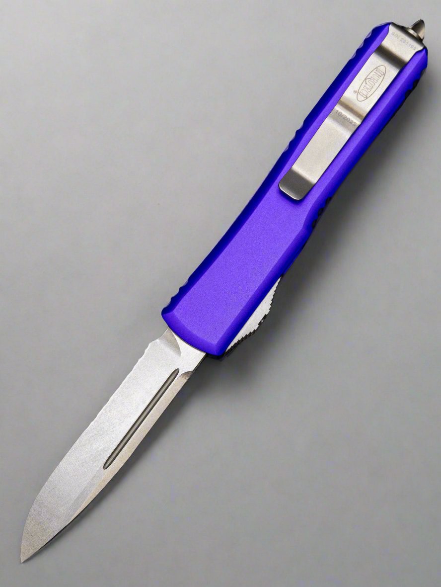 MICROTECH ULTRATECH OTF KNIFE- PURPLE HANDLE- STONEWASH PART SERRATED BLADE 121-11 PU