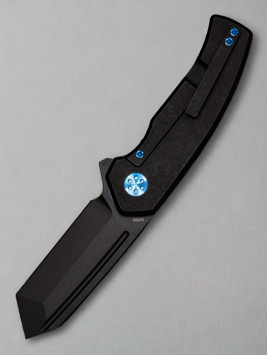 Beans Blades Mini Warrior Folder - Black Carbon Fiber, Titanium Handle, Blue Accents, PVD M390