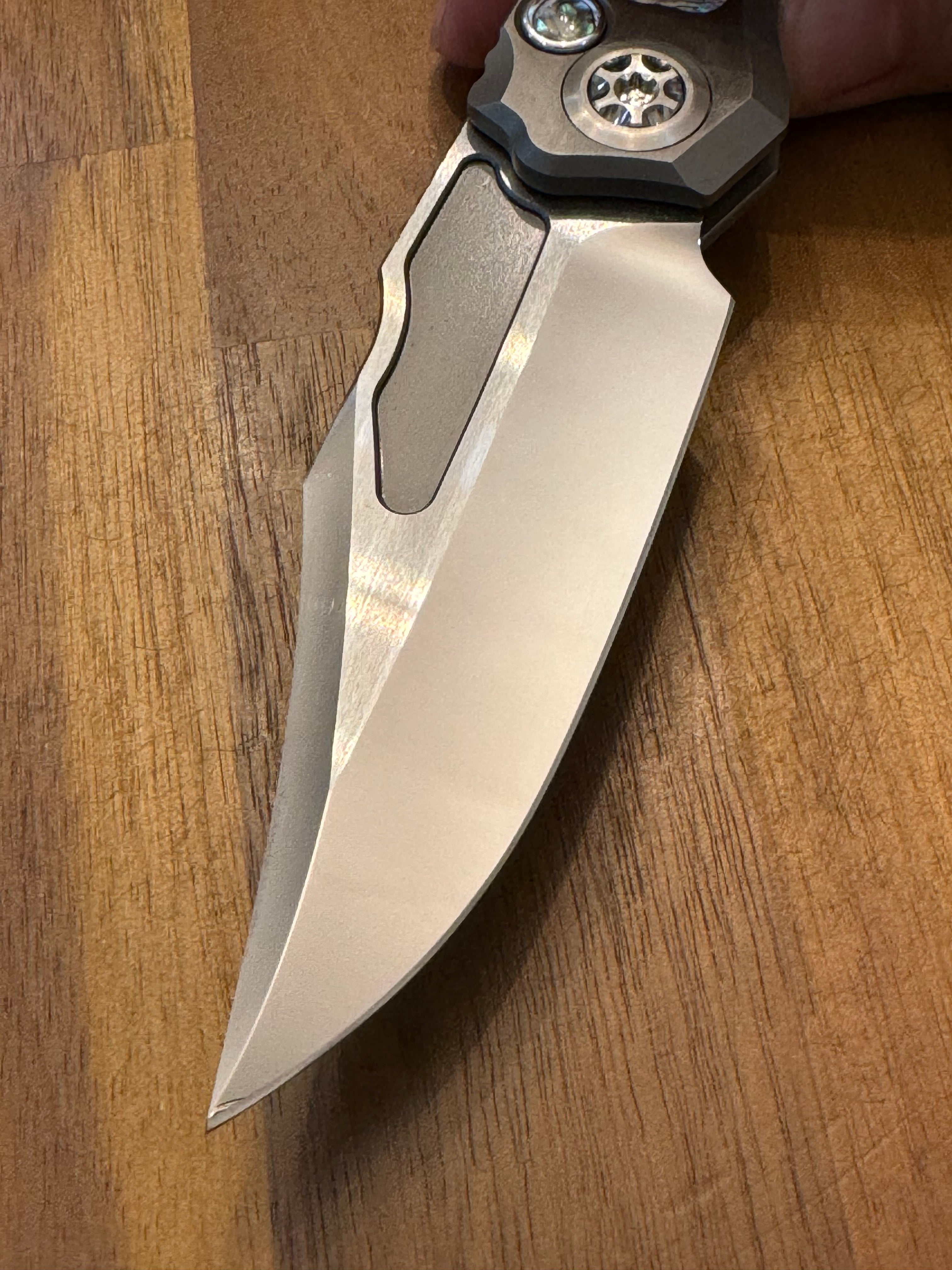 Heretic Custom V4 Wraith Bowie Mirror Polish M390 Hefted Titanium w Abalone Inlays