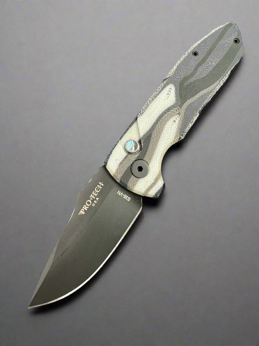 PROTECH LES GEORGE SBR UNIQUE MICARTA SHORT BLADED ROCKEYE AUTOMATIC KNIFE 2.5" Inlay Button S35vn