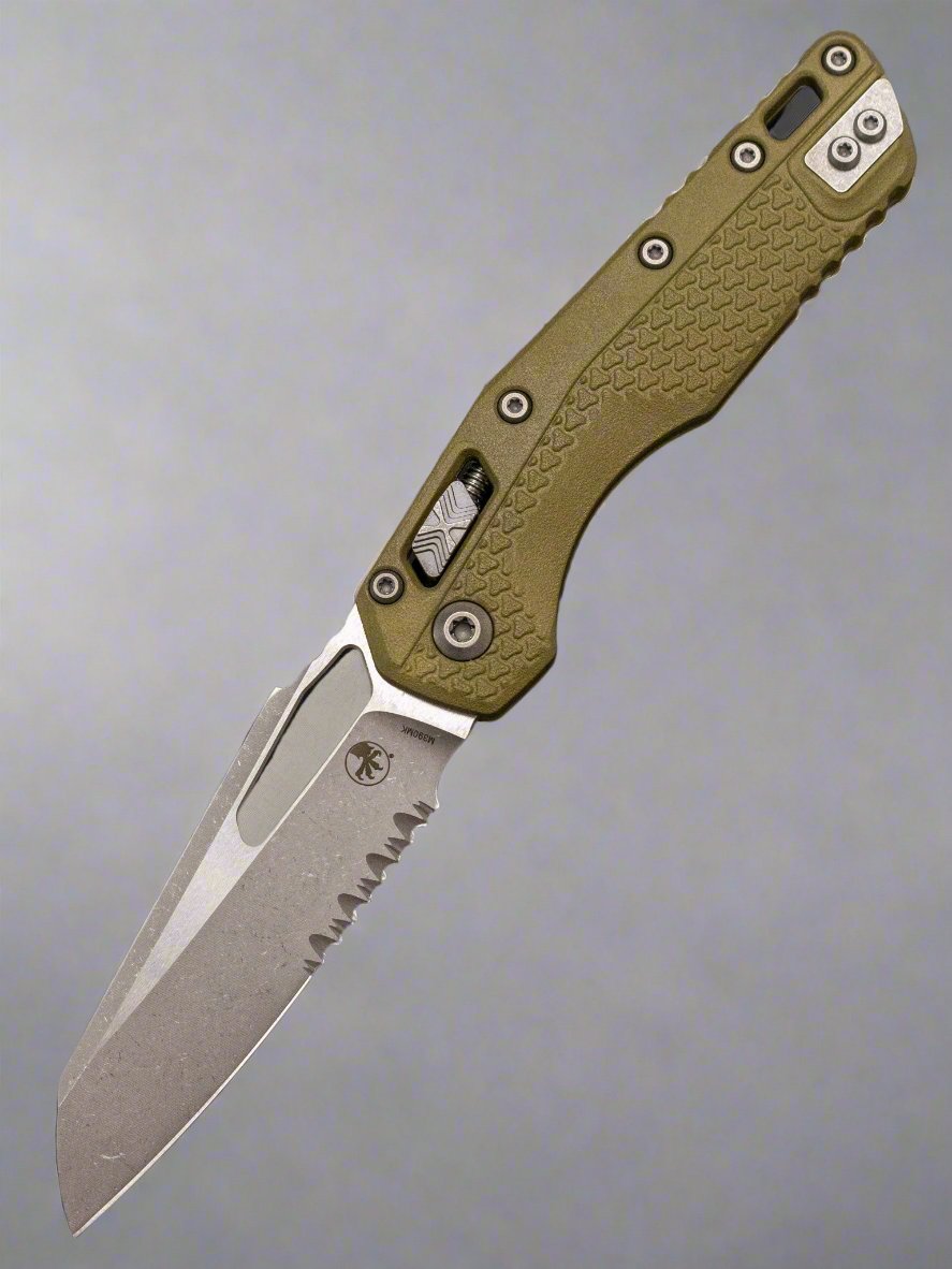 MICROTECH KNIVES- M.S.I. RAM-LOK FOLDER- OD Green TRI-GRIP INJECTION MOLDED HANDLE- APOCALYPTIC PART SERRATED EDGE BLADE 210T-11 APPMOD