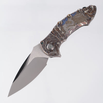 Custom Knife Factory Ecilop-M One Off - Custom Engraving & Lasering by Stanislav Bondarenko - Tri-Tone M398 Stonewash/Satin/Mirror