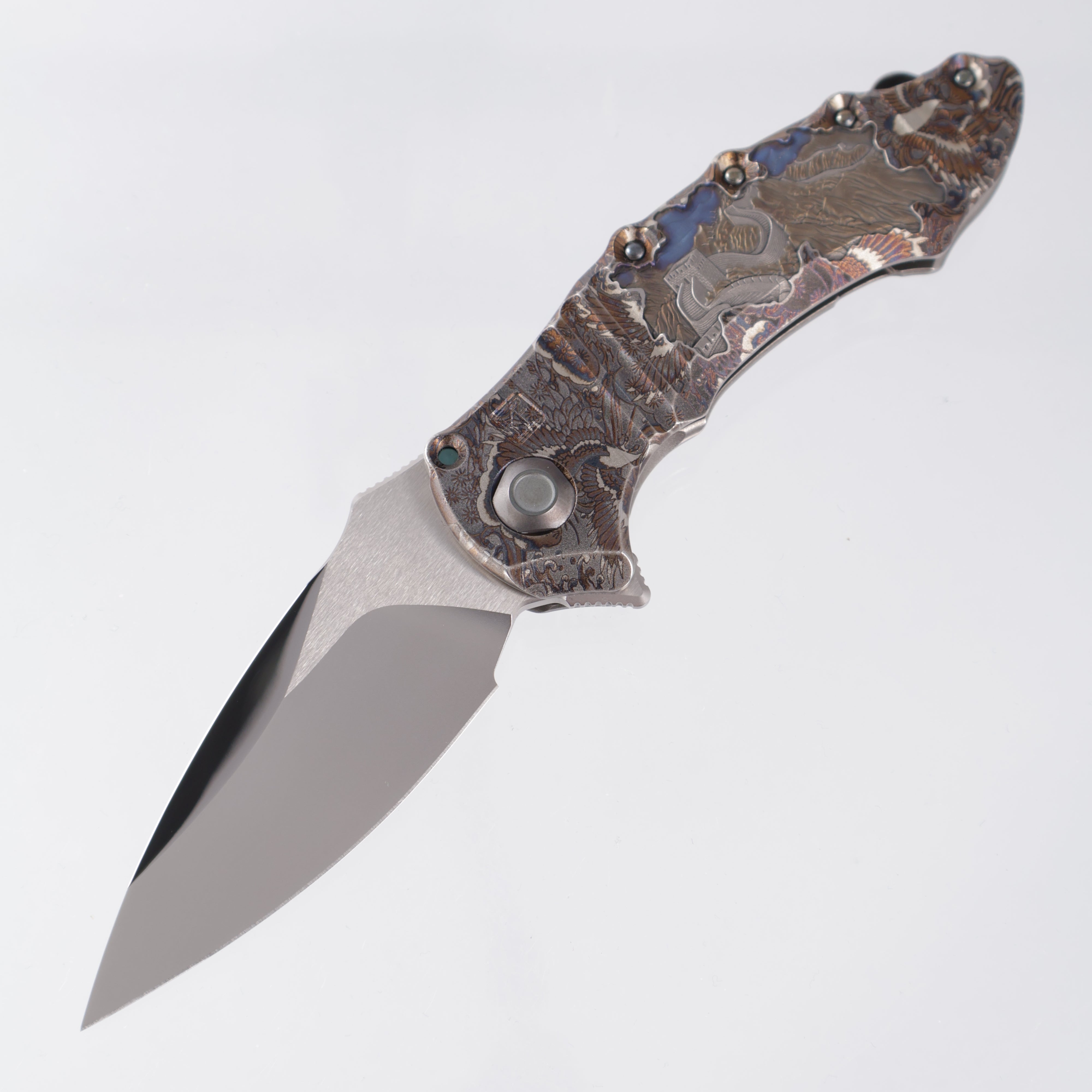 Custom Knife Factory Ecilop-M One Off - Custom Engraving & Lasering by Stanislav Bondarenko - Tri-Tone M398 Stonewash/Satin/Mirror