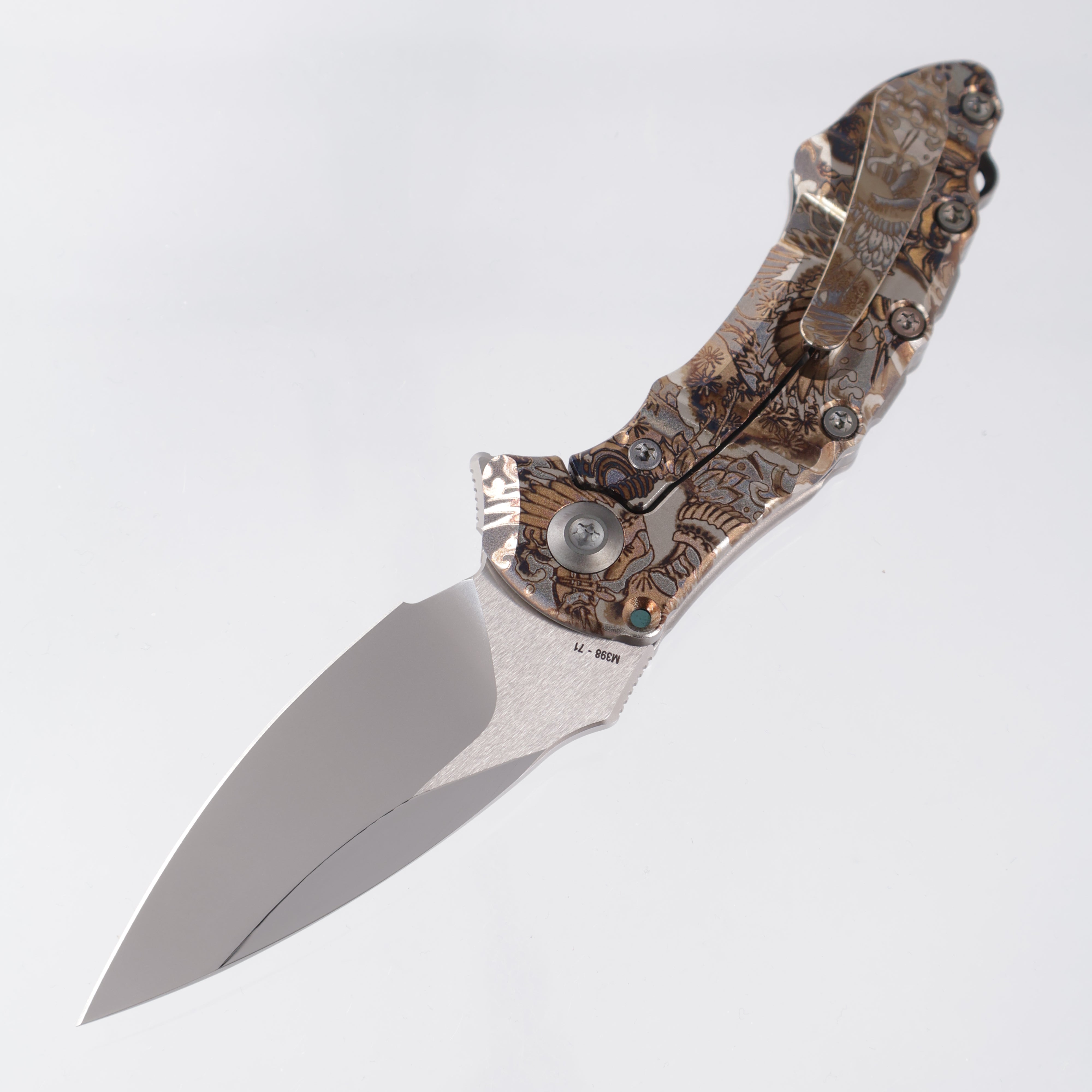 Custom Knife Factory Ecilop-M One Off - Custom Engraving & Lasering by Stanislav Bondarenko - Tri-Tone M398 Stonewash/Satin/Mirror