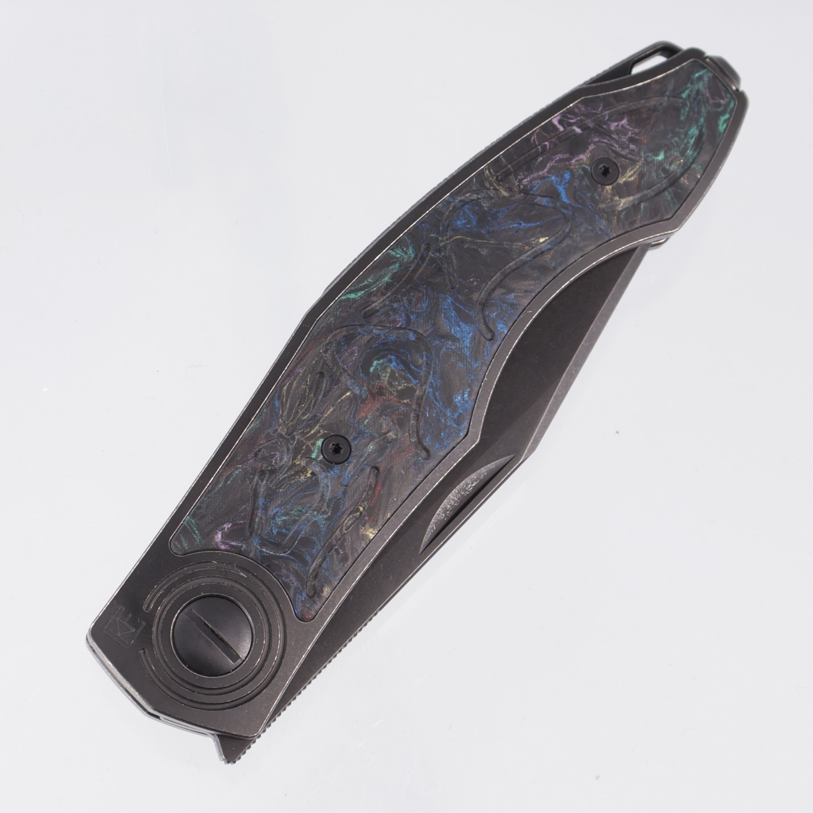 Custom Knife Factory Puma - Blackwash Titanium w/ Multi-Color Carbon Fiber - Blackwash M398