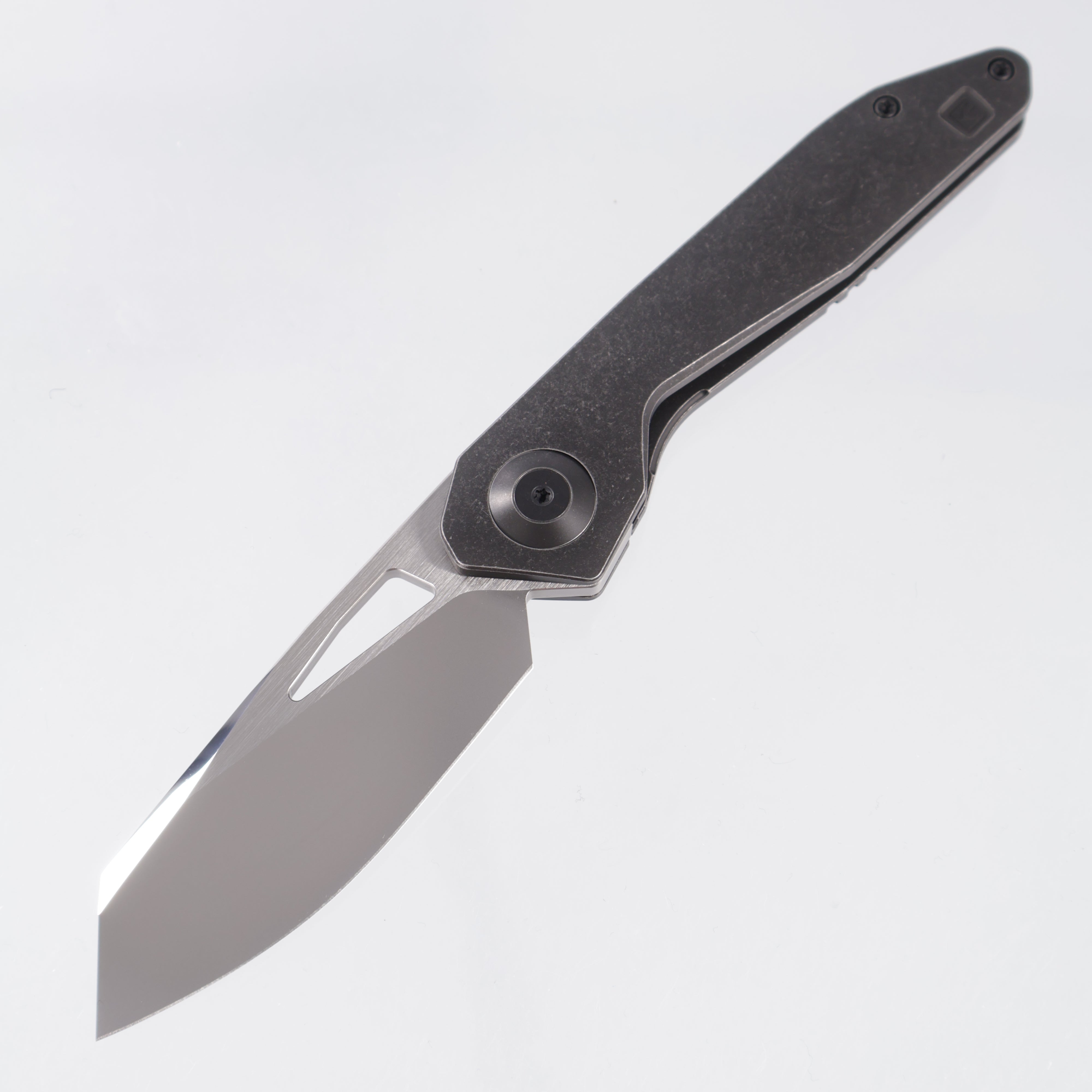 Custom Knife Factory x Keanison Knives Basset - Blackwash Titanium - CKF Wash M398 w/ Satin Flats & Mirror Polish Swedge