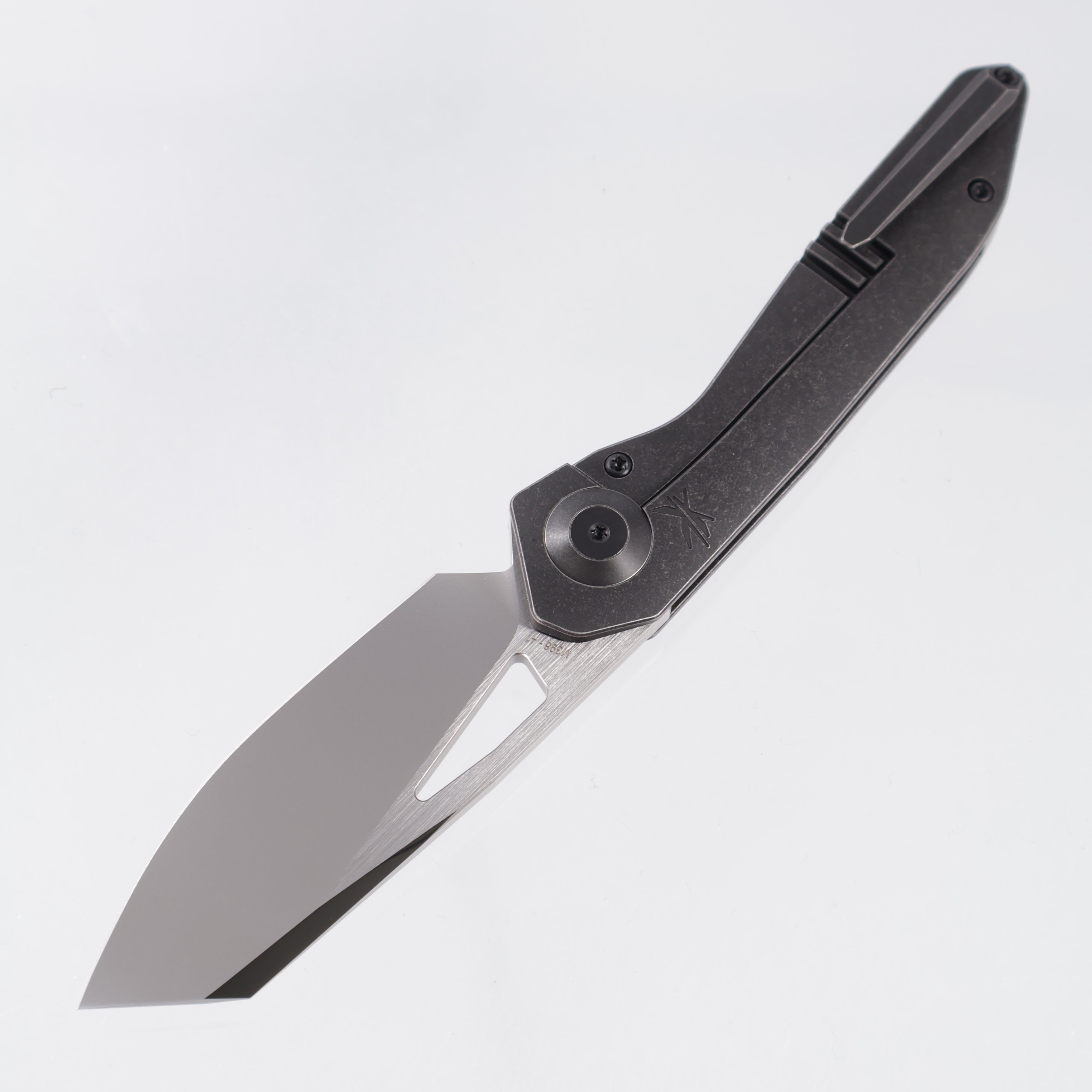 Custom Knife Factory x Keanison Knives Basset - Blackwash Titanium - CKF Wash M398 w/ Satin Flats & Mirror Polish Swedge