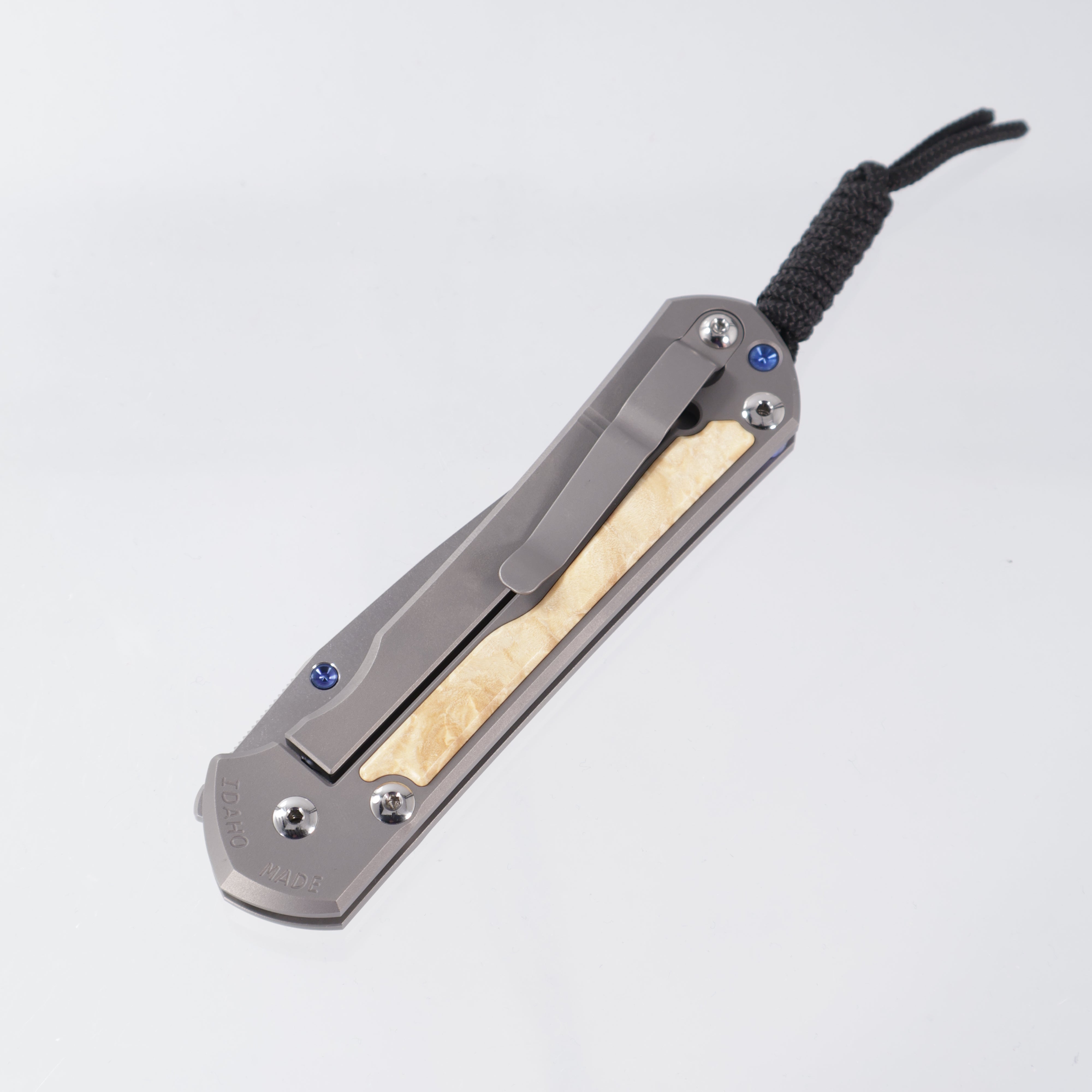 Chris Reeve CRK Large Sebenza 31 Inlay - Box Elder Inlay & Titanium w/ Blue Hardware - Magnacut - L31-1108-004