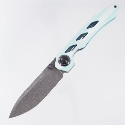 Carver Made Co. Vagrant #70 - Robin's Egg Camo Quartz Scales w/ Dark Timascus Liner, Pivot Collars & Clip - Mike Norris Ball Storm Damascus