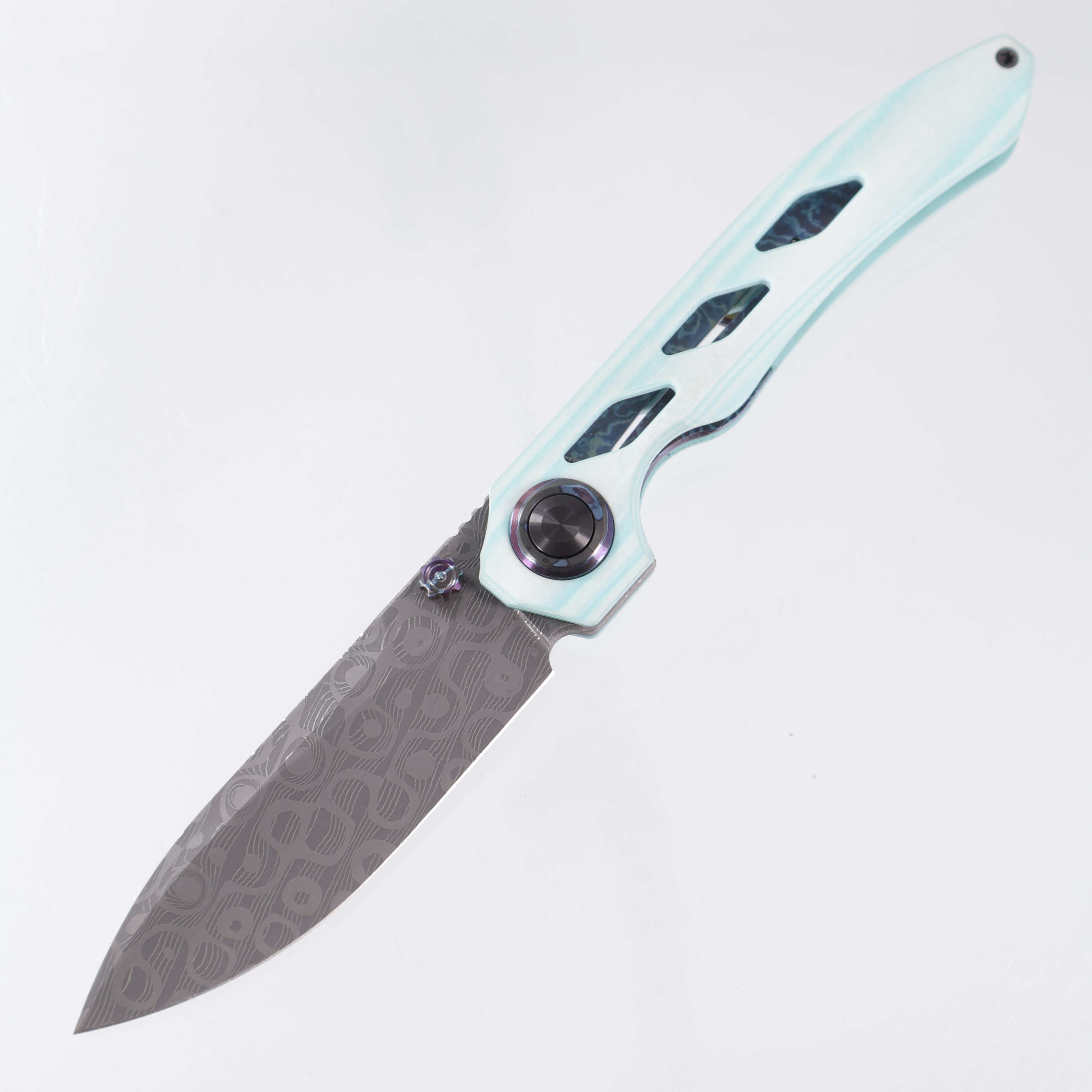 Carver Made Co. Vagrant #70 - Robin's Egg Camo Quartz Scales w/ Dark Timascus Liner, Pivot Collars & Clip - Mike Norris Ball Storm Damascus