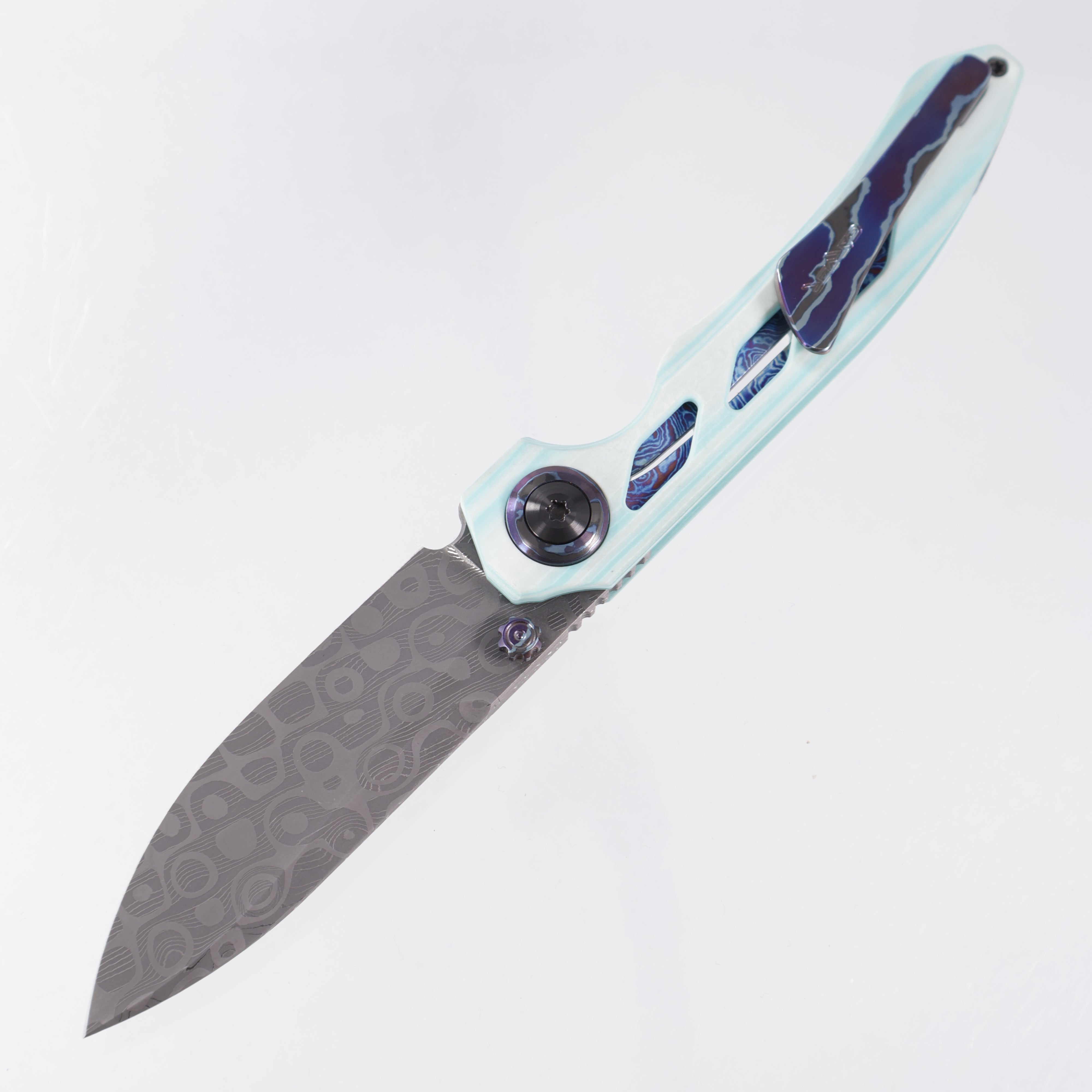 Carver Made Co. Vagrant #70 - Robin's Egg Camo Quartz Scales w/ Dark Timascus Liner, Pivot Collars & Clip - Mike Norris Ball Storm Damascus