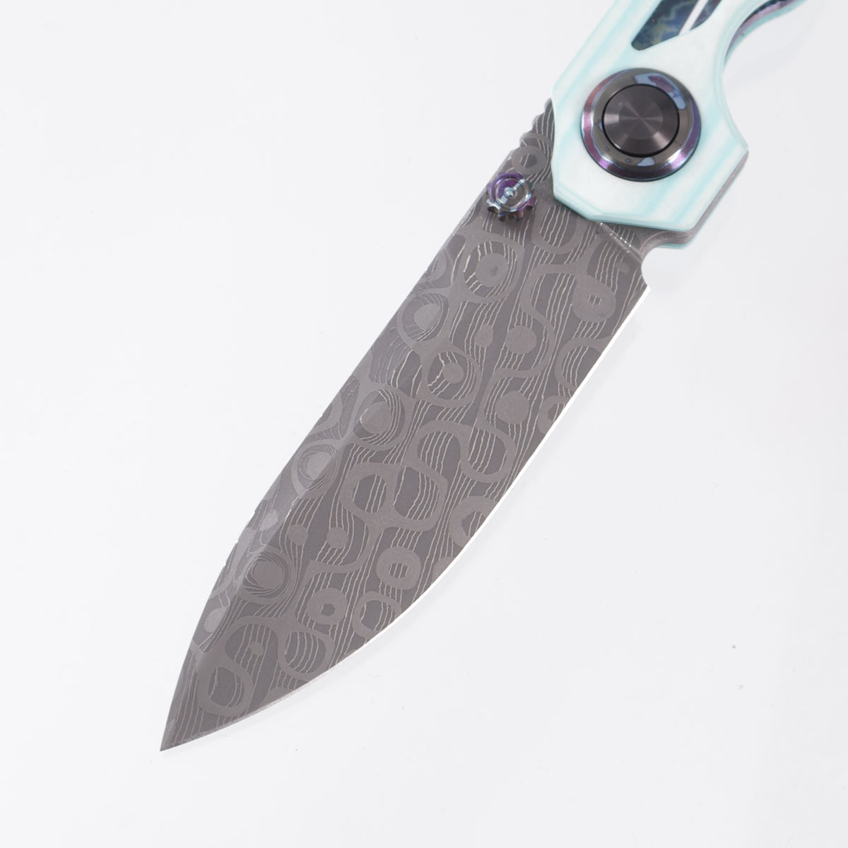 Carver Made Co. Vagrant #70 - Robin's Egg Camo Quartz Scales w/ Dark Timascus Liner, Pivot Collars & Clip - Mike Norris Ball Storm Damascus