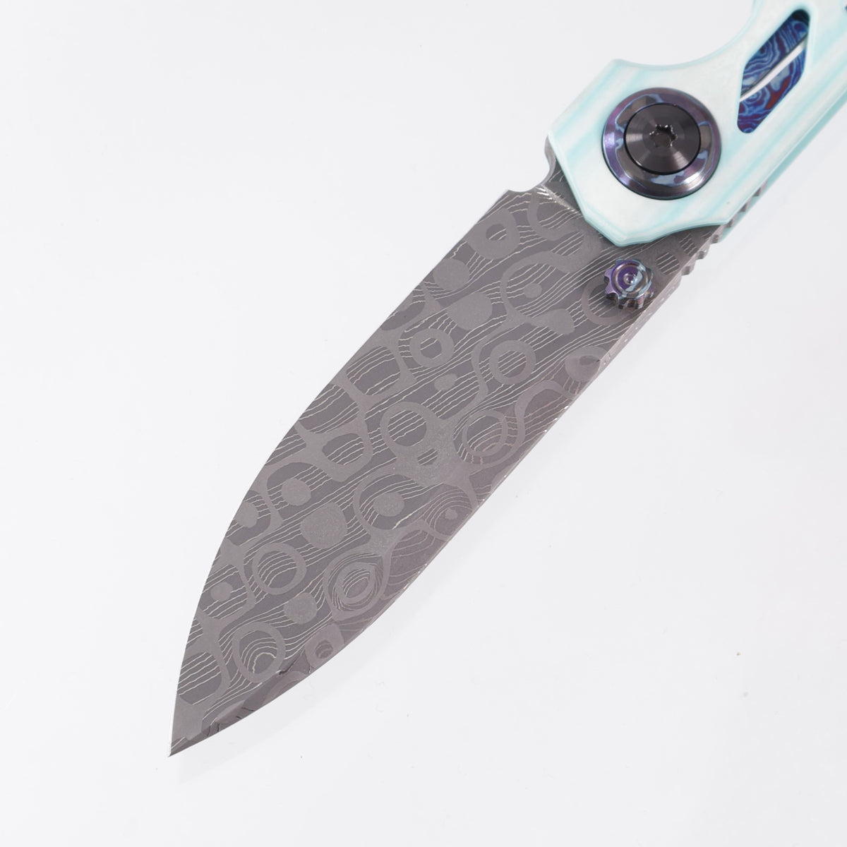 Carver Made Co. Vagrant #70 - Robin's Egg Camo Quartz Scales w/ Dark Timascus Liner, Pivot Collars & Clip - Mike Norris Ball Storm Damascus
