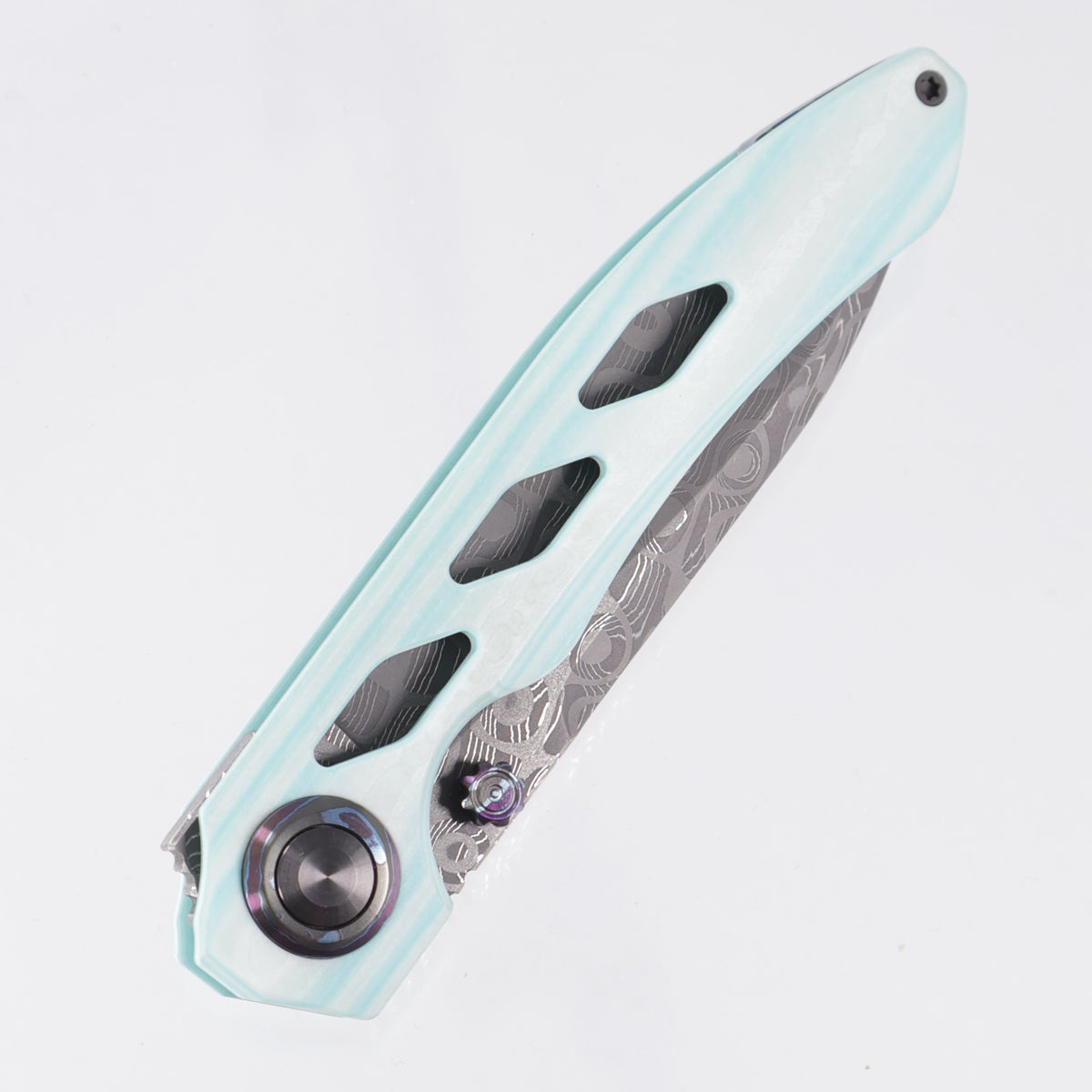 Carver Made Co. Vagrant #70 - Robin's Egg Camo Quartz Scales w/ Dark Timascus Liner, Pivot Collars & Clip - Mike Norris Ball Storm Damascus