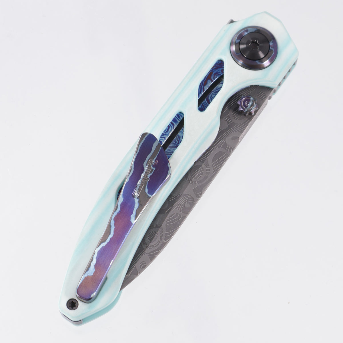 Carver Made Co. Vagrant #70 - Robin's Egg Camo Quartz Scales w/ Dark Timascus Liner, Pivot Collars & Clip - Mike Norris Ball Storm Damascus