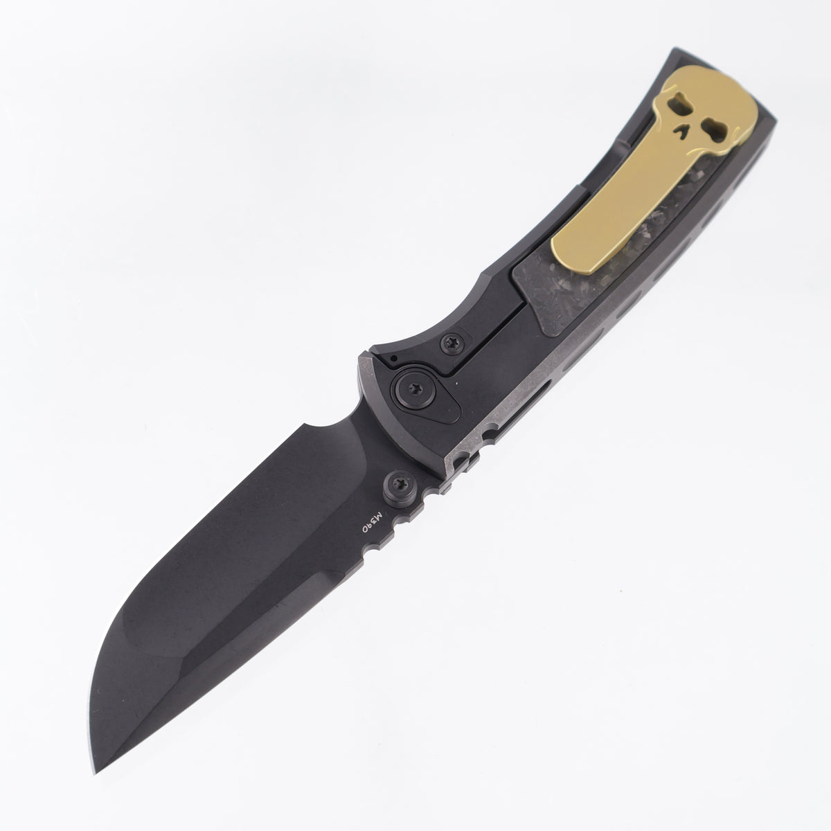 Chaves Redencion Street Integral 50 Series "YKWII" Drop Point  - Tumbled Black PVD Titanium w/ Shredded Carbon Fiber Inlays & Gold Ti Clip - Tumbled Black PVD M390
