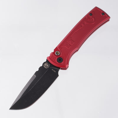Chaves Redencion Auto Drop Point - Red Key Pattern Aluminum Handle w/ Black Lip Pearl Button - Battleworn DLC S35VN