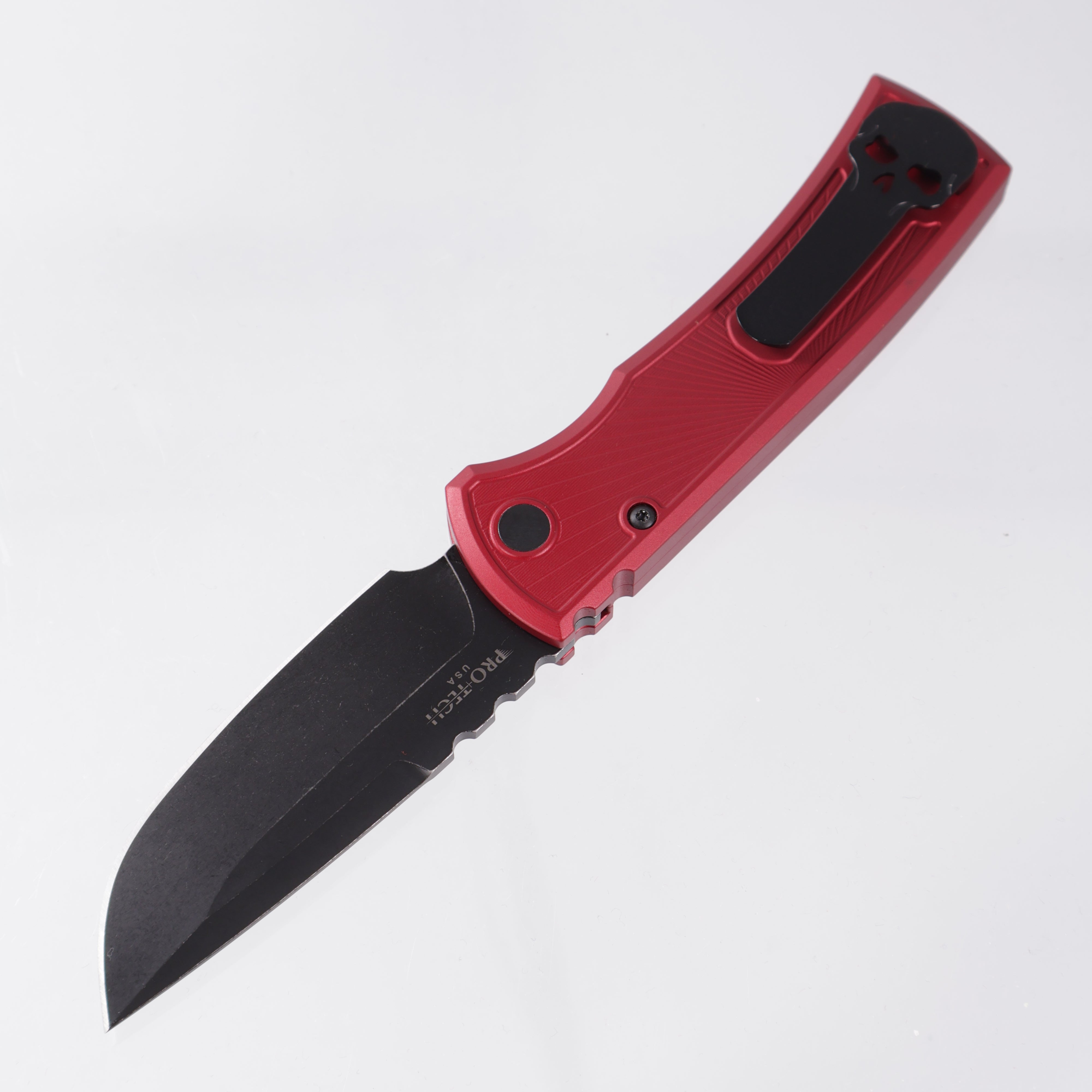 Chaves Redencion Auto Drop Point - Red Key Pattern Aluminum Handle w/ Black Lip Pearl Button - Battleworn DLC S35VN