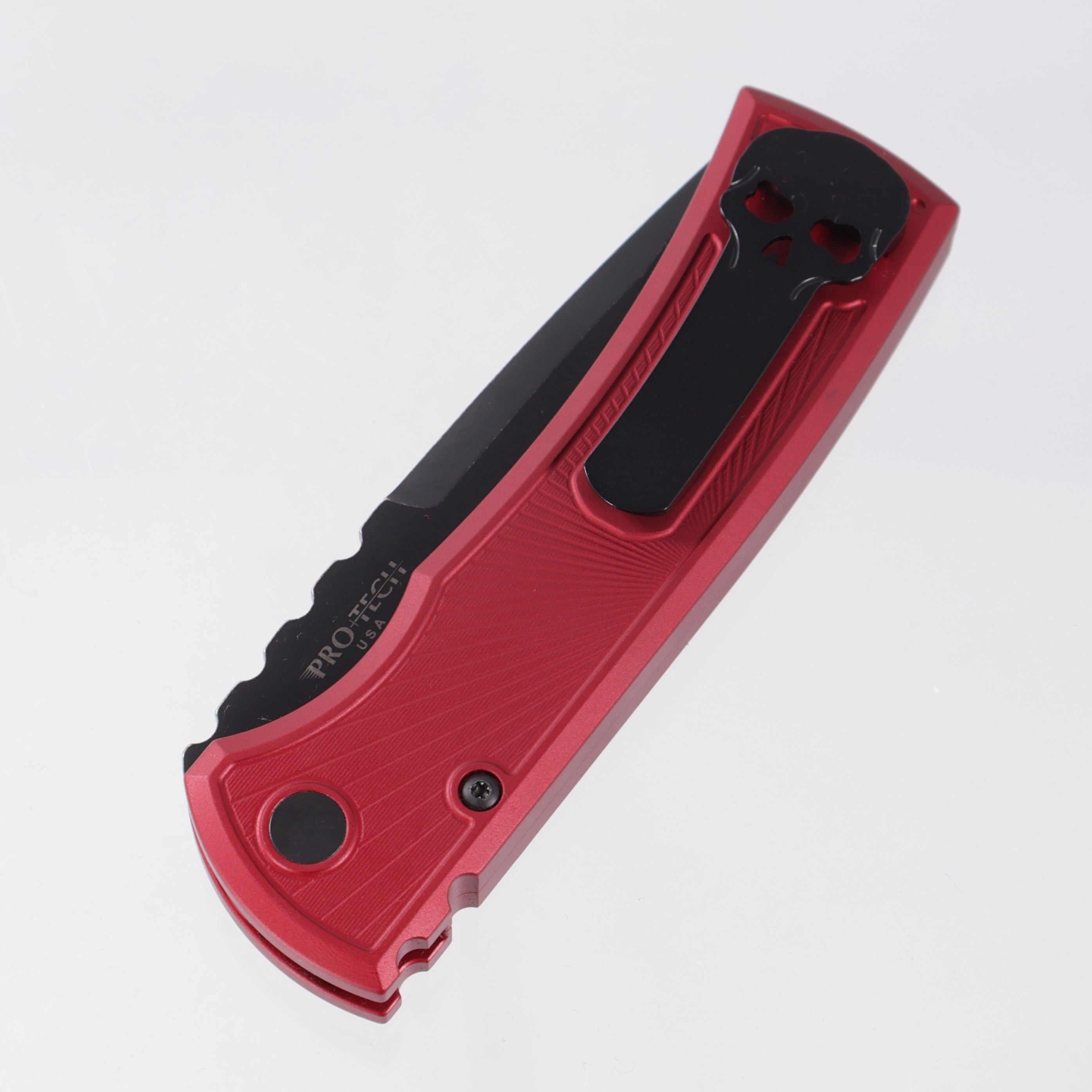 Chaves Redencion Auto Drop Point - Red Key Pattern Aluminum Handle w/ Black Lip Pearl Button - Battleworn DLC S35VN