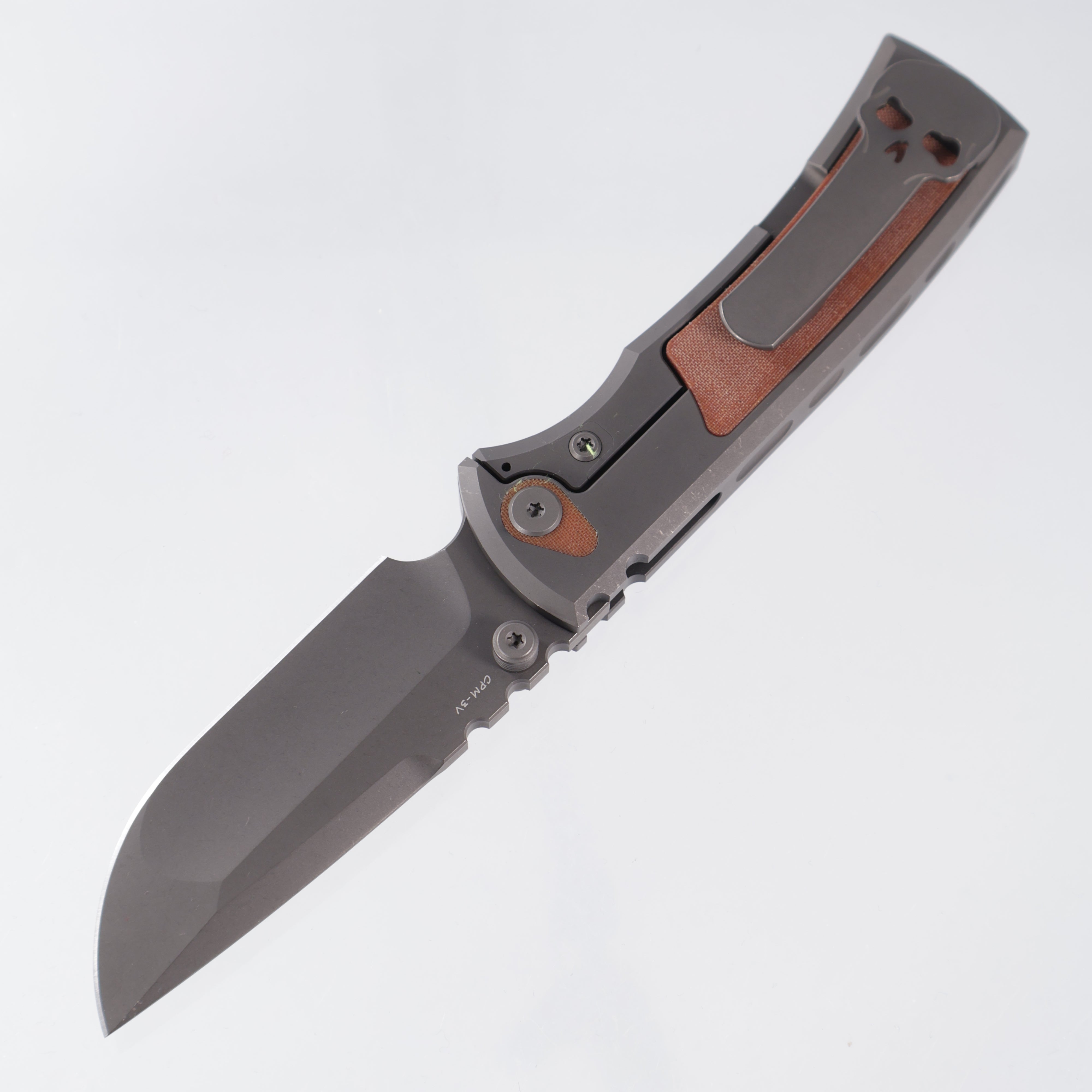 Chaves Redencion Street Integral Drop Point 50 Series "Dirty Steve" - Tumbled Grey PVD Titanium w/ Brown Linen Micarta Inlays - Tumbled Grey PVD 3V