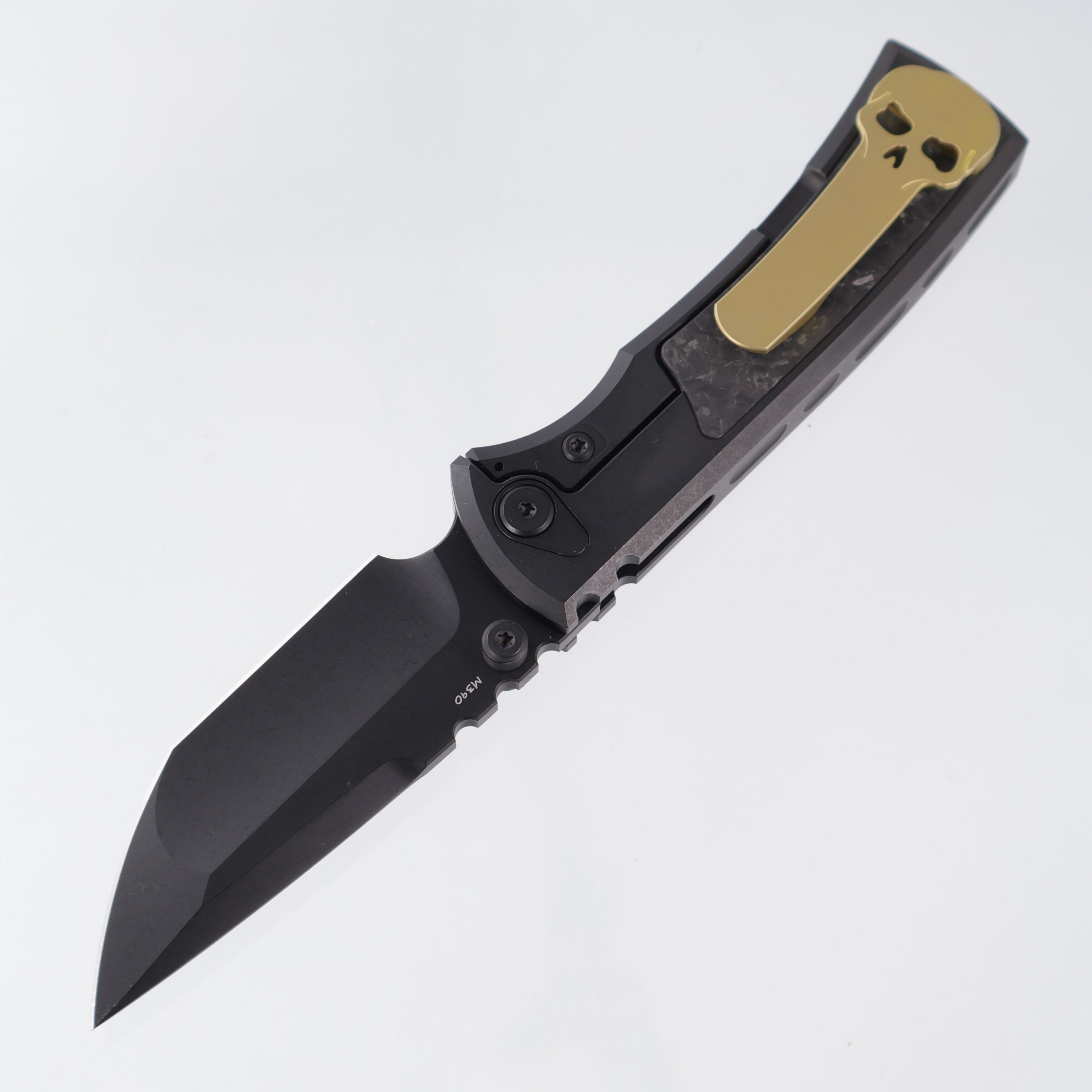 Chaves Redencion Street Integral Tanto 50 Series "YKWII" - Tumbled Black PVD Titanium w/ Shredded Carbon Fiber Inlays & Gold Ano Ti Clip - Tumbled Black PVD M390