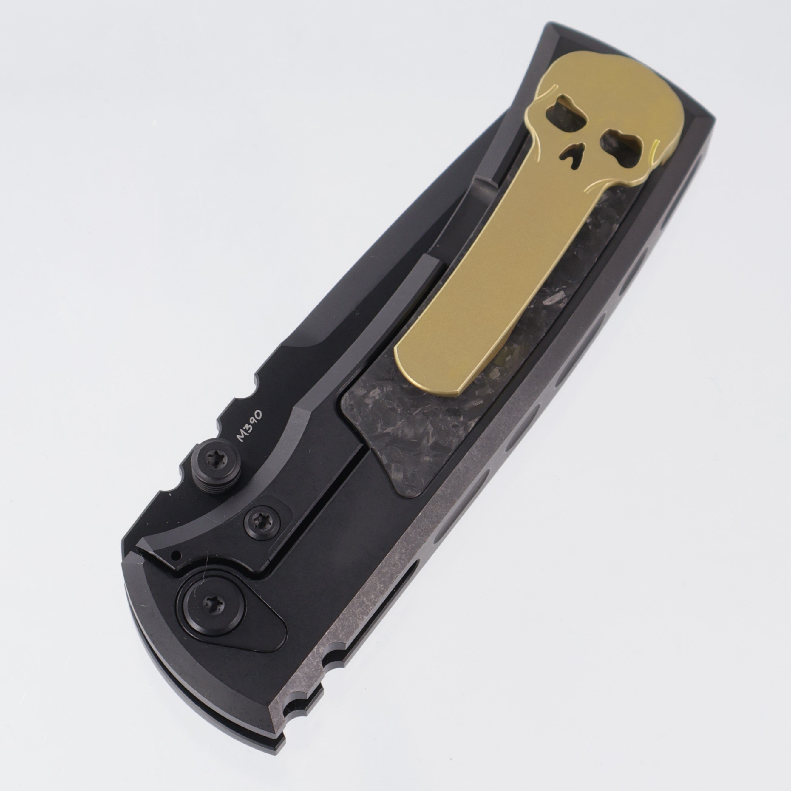 Chaves Redencion Street Integral Tanto 50 Series "YKWII" - Tumbled Black PVD Titanium w/ Shredded Carbon Fiber Inlays & Gold Ano Ti Clip - Tumbled Black PVD M390