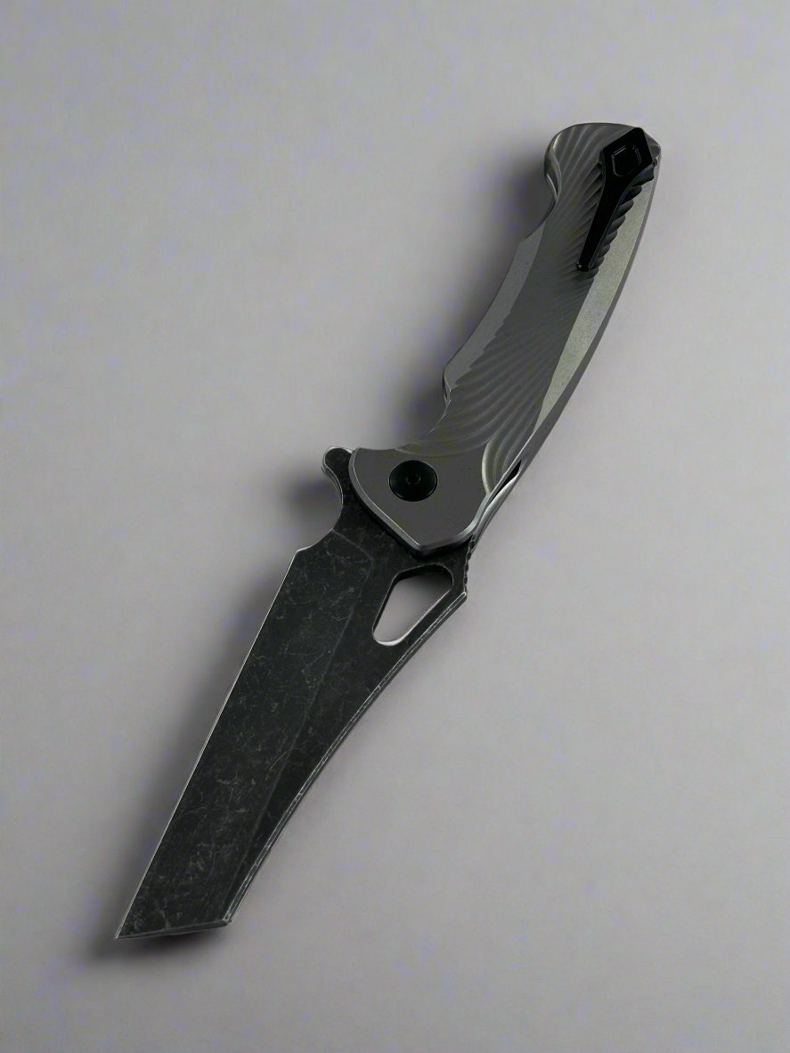 Dead Reckon Knives Ridgeback - Titanium Glass Bead Body, Body1, 3.25in Dark Stonewash Magnacut, Wharncleaver