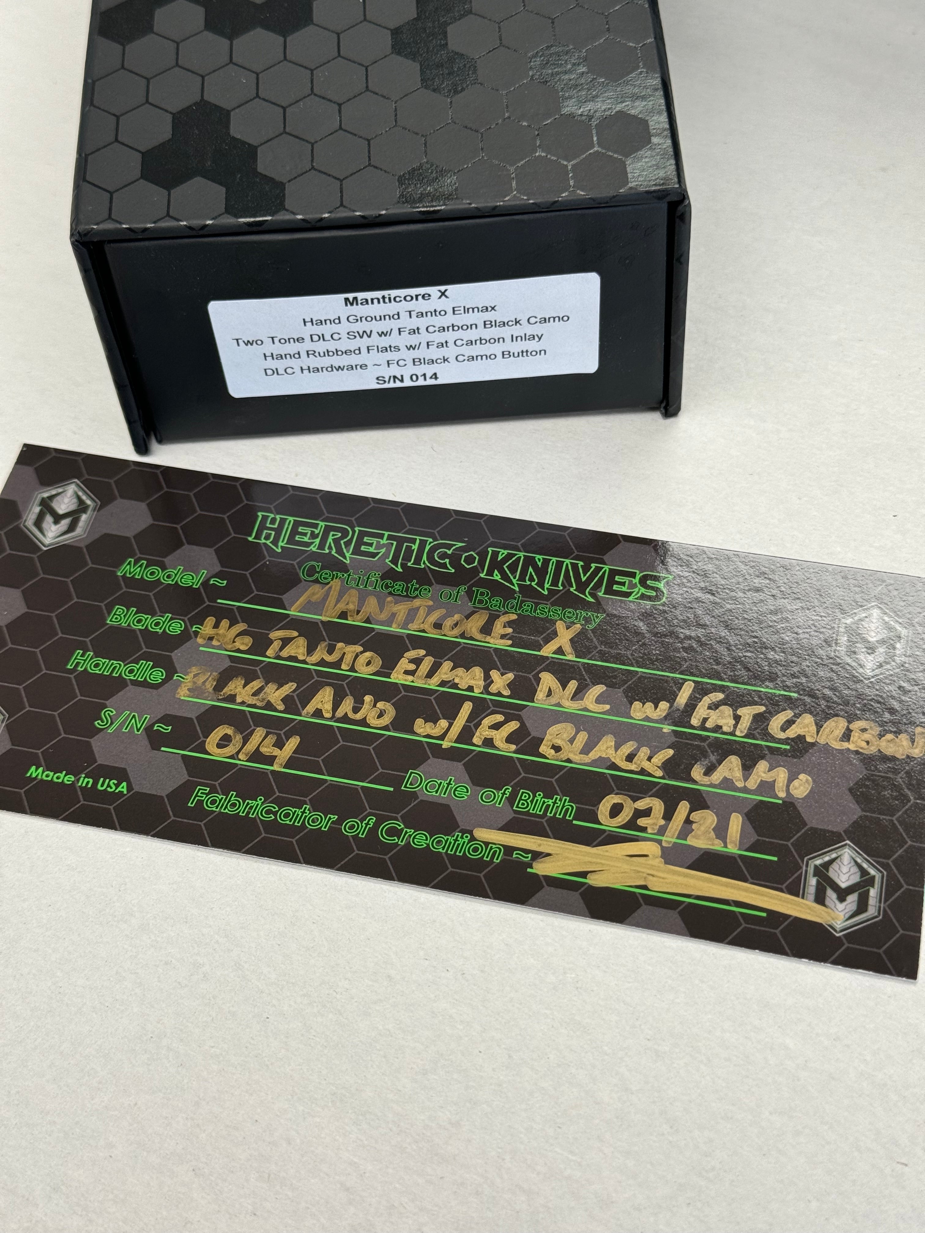 Pre Owned Heretic Knives Manticore X - Hand Ground Tanto W/ Fat Carbon Inlay Blade