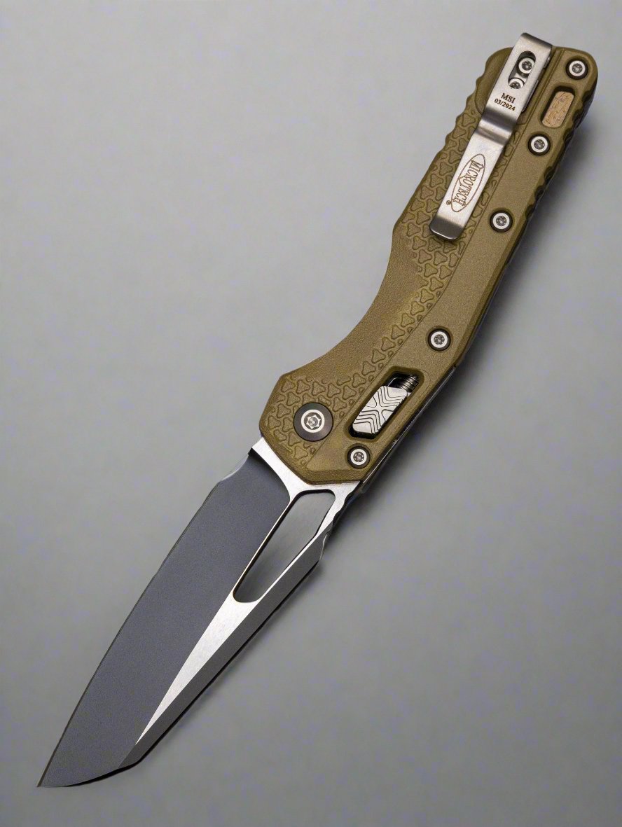Microtech 210T-1 PMOD MSI RAM-LOK Manual Folding Knife 3.88" Bohler M390MK Black Modified Sheepsfoot Plain Blade, Green Injection Molded Polymer Handles, AXIS/Crossbar Lock