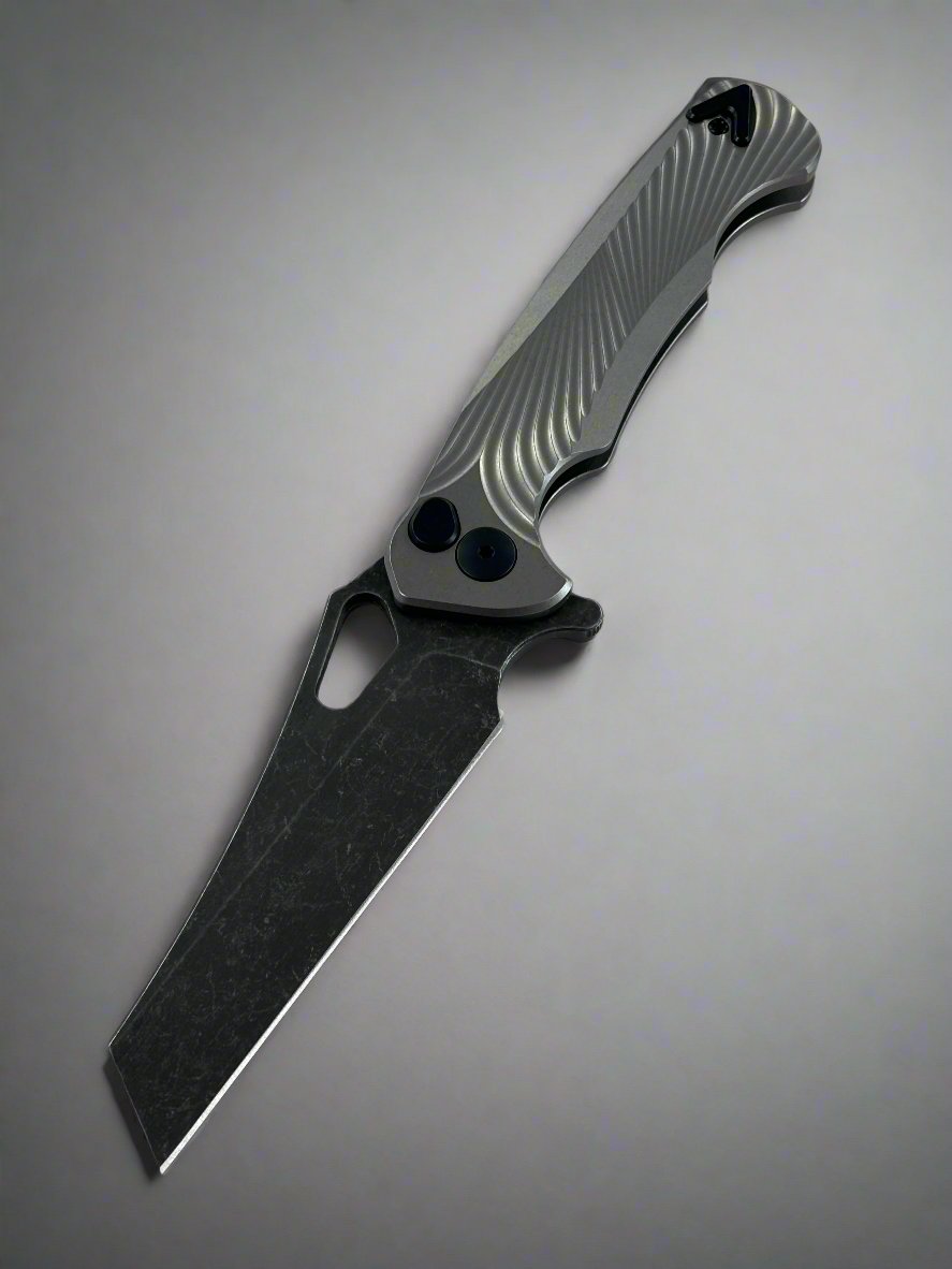 Dead Reckon Knives Ridgeback - Titanium Glass Bead Body, Body1, 3.25in Dark Stonewash Magnacut, Wharncleaver