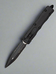 Microtech 227-2T Dirac Delta Tactical AUTO OTF Knife 3.79" Black Double Combo Edge Dagger Blade, Black Aluminum Handles