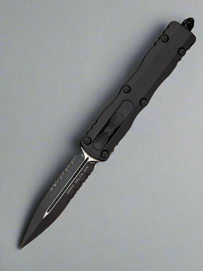 Microtech 227-2T Dirac Delta Tactical AUTO OTF Knife 3.79" Black Double Combo Edge Dagger Blade, Black Aluminum Handles