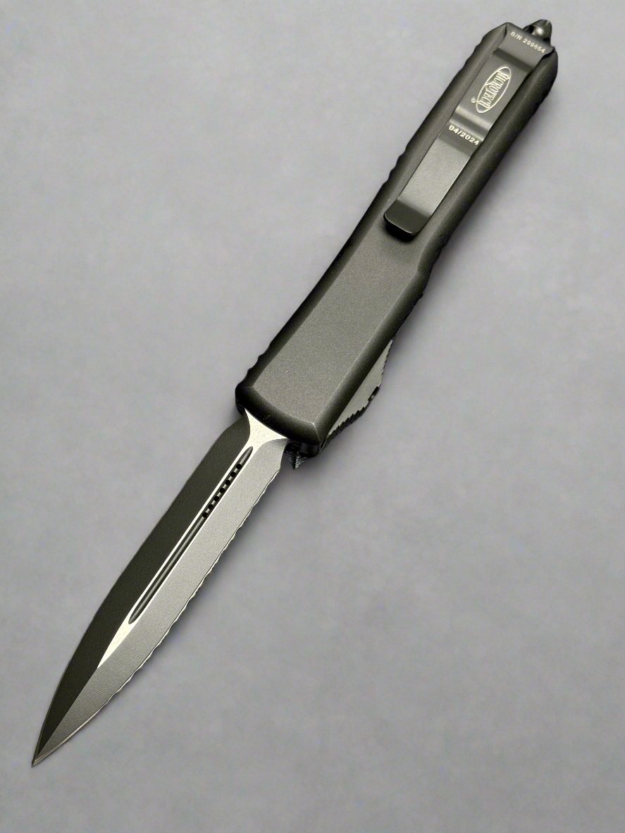 MICROTECH ULTRATECH BLACK DOUBLE EDGE OTF KNIFE BLACK TACTICAL FULL SERRATED BLADE 122-3 T