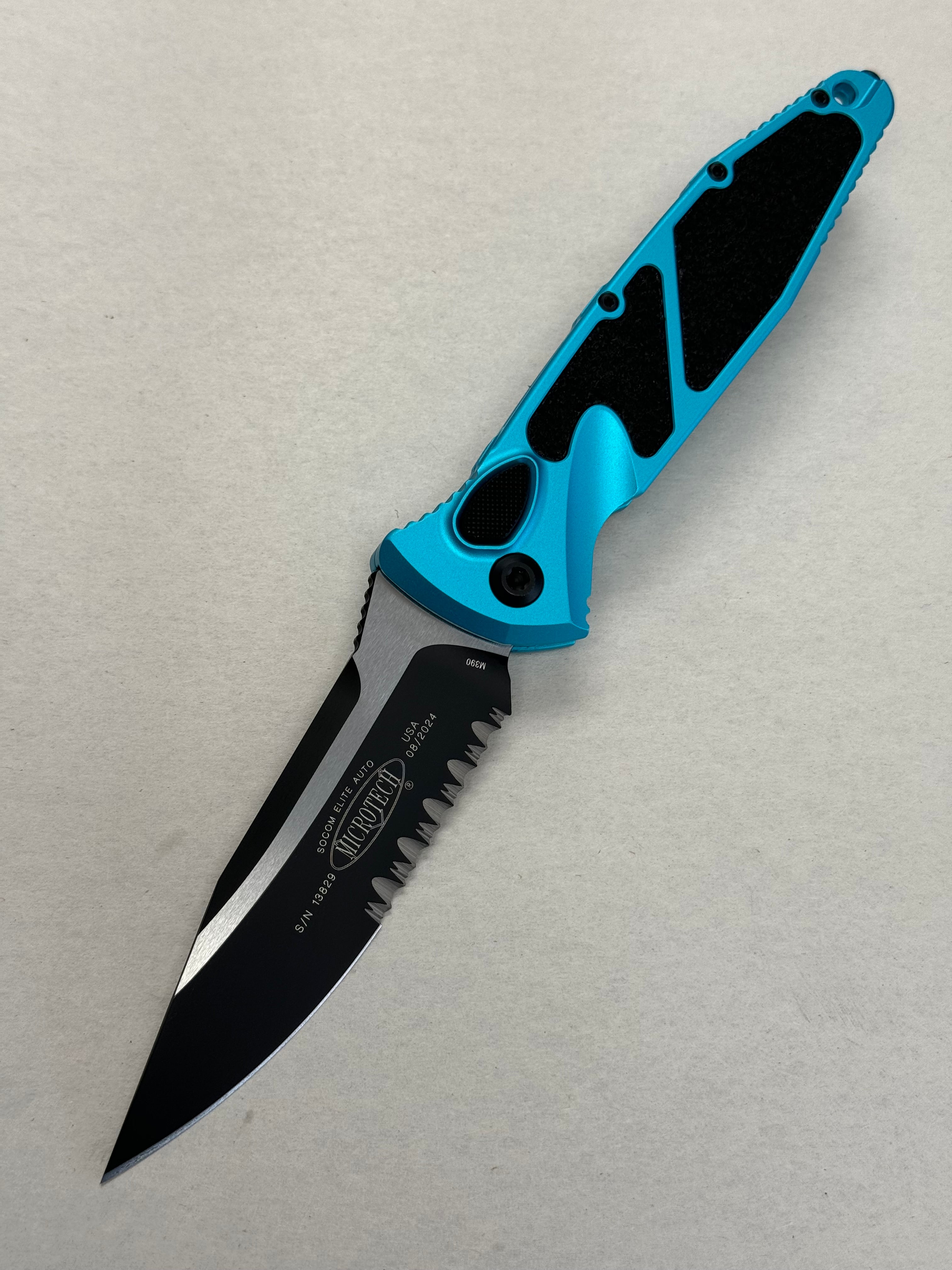 Microtech Socom Elite Auto Turquoise Handles w/ S/E Black Partial Serrated 160A-2 TQ