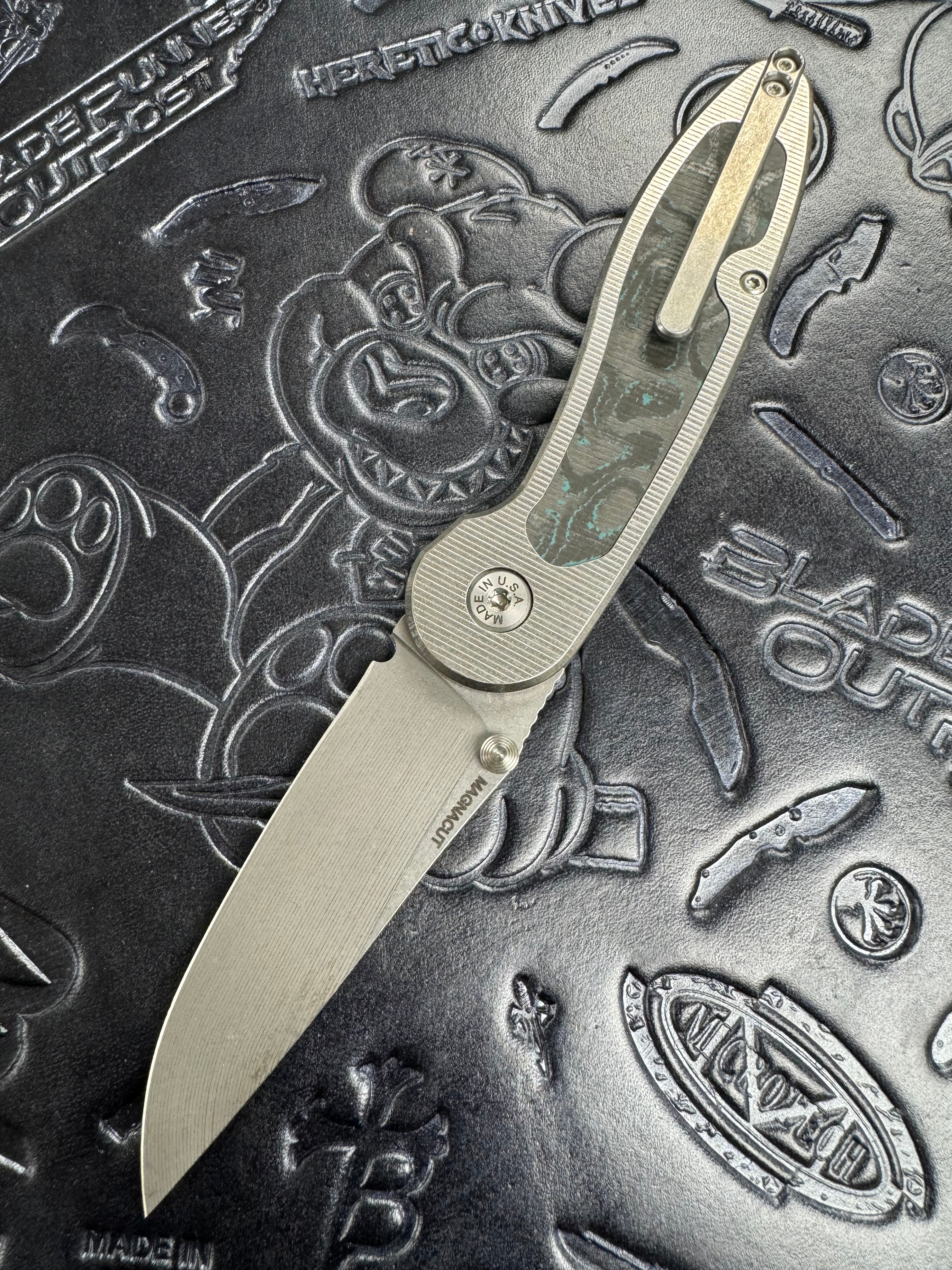 ABW American Blade Works Model 1 Titanium Button Lock Magnacut USA Brittany Blue Camo Inlays