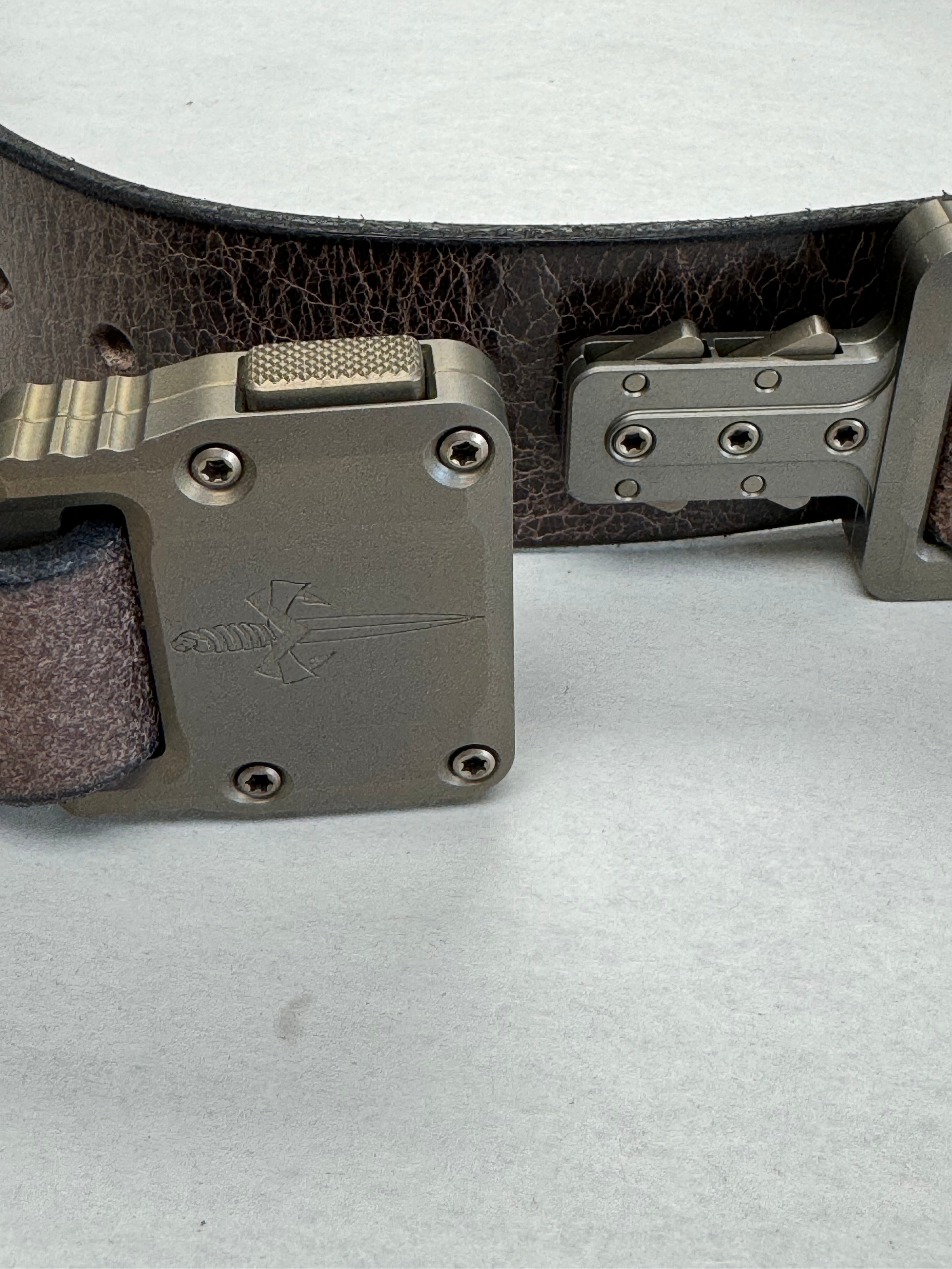 Marfione Customs APIS Mens Distressed Dark Brown Water Buffalo Leather Belt w/ Bronzed Titanium Hardware