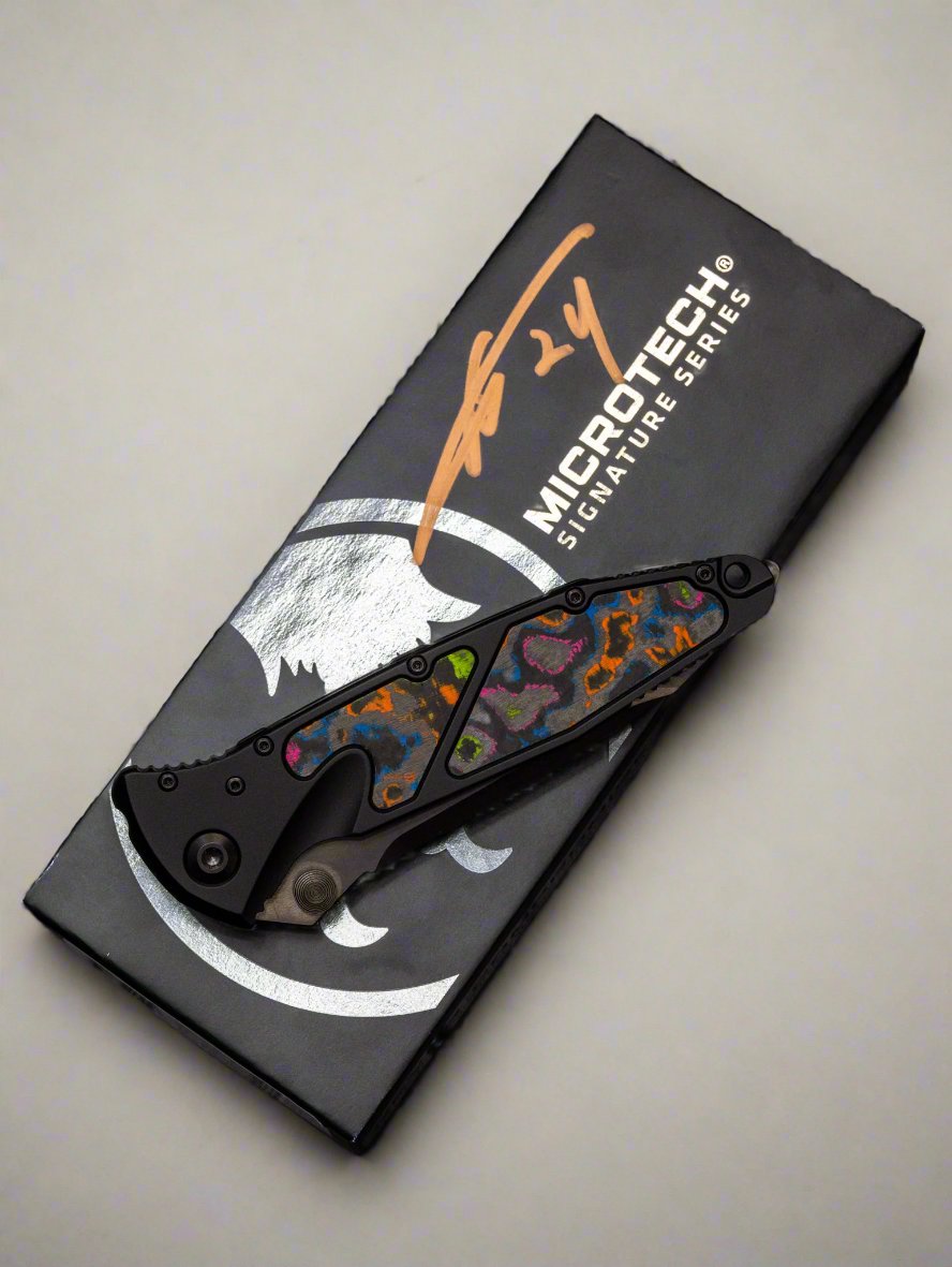 Pre Owned Microtech Socom Elite T/E Signature Series 80’s Camo Carbon Inlay DLC Standard Manual