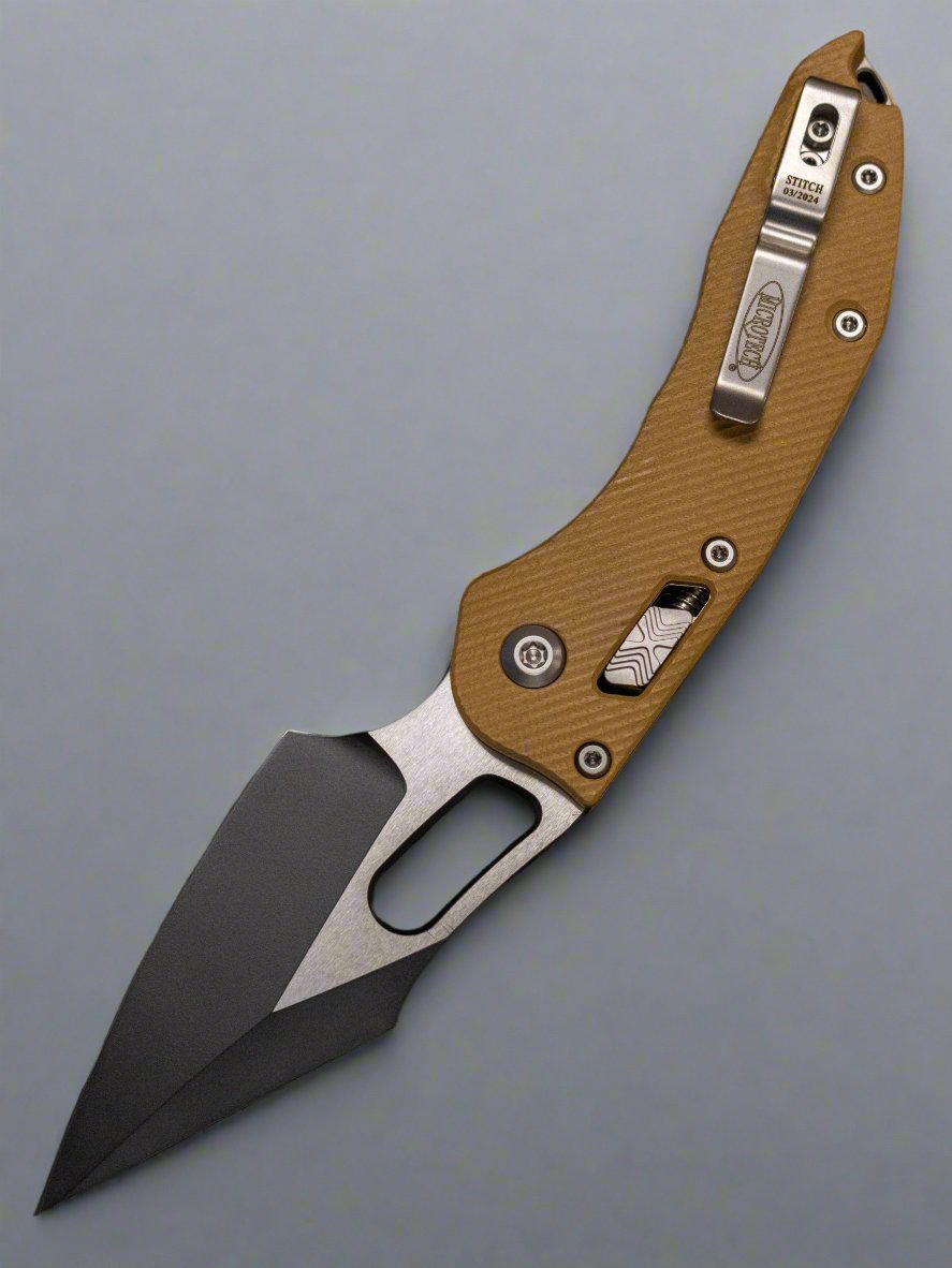 Microtech 169RL-1 FLGTTA Stitch S/E Ram-Lok - Tan Fluted G-10 - Two Tone Black Blade