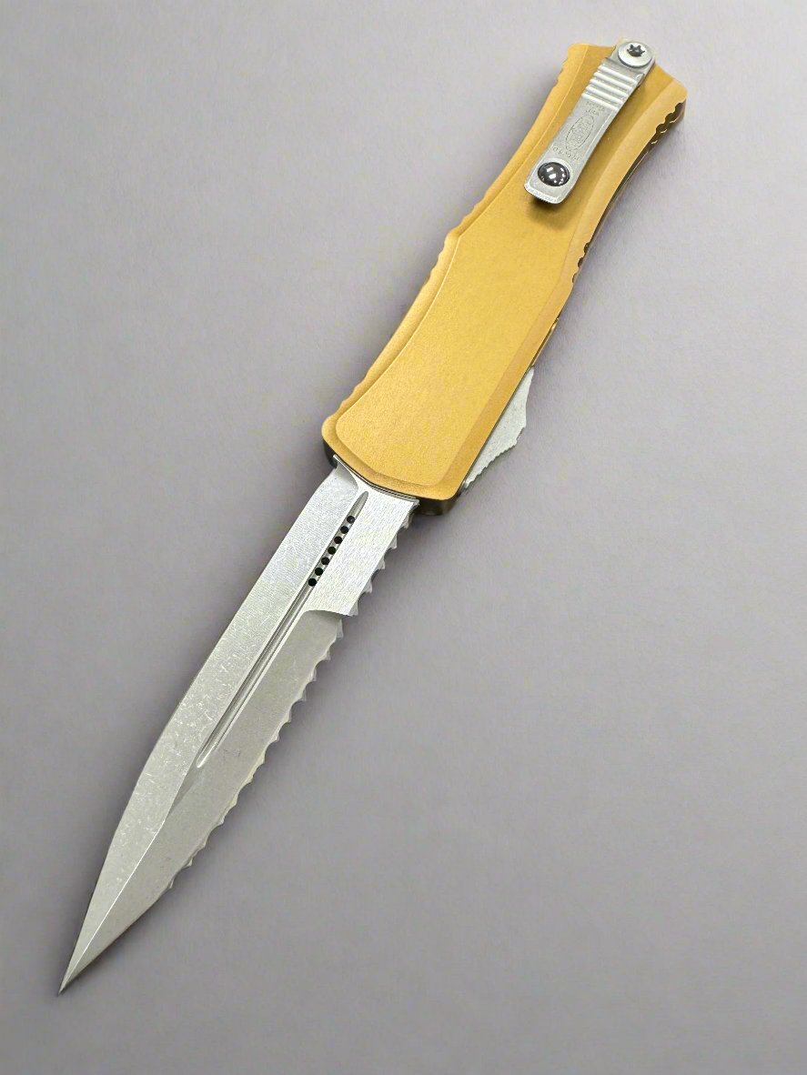 MICROTECH HERA II OTF KNIFE- MINI- BAYONET EDGE- BLACK HANDLE- APOCALYPTIC FULL SERRATED BLADE 1701M-12 APTA