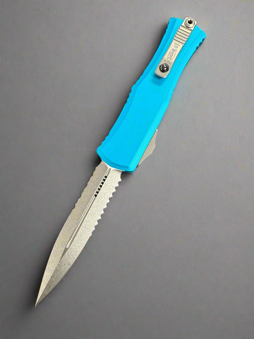 Microtech Knives Mini Hera Stonewash Partial Serrated Double Edge M390MK w/ Turquoise Handle 1702M-11 TQ