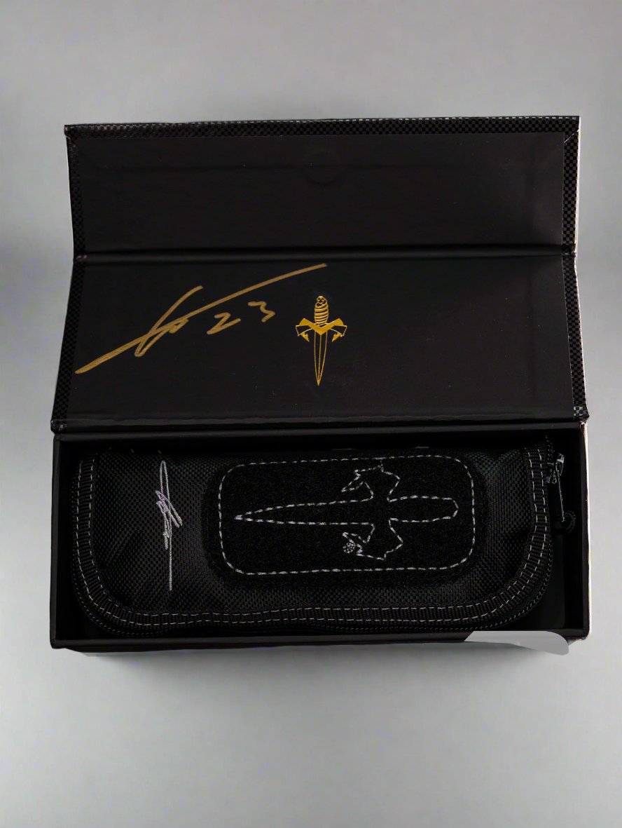 Marfione Custom Knives Amphibian RAM-LOK Metroid Sanmai w/ Nickel Shim Broken Anvil Damascus & Sovereign Gold Stippled Titanium w/ Joint Logo Dagger Engraved & Two Tone Bronzed Hardware