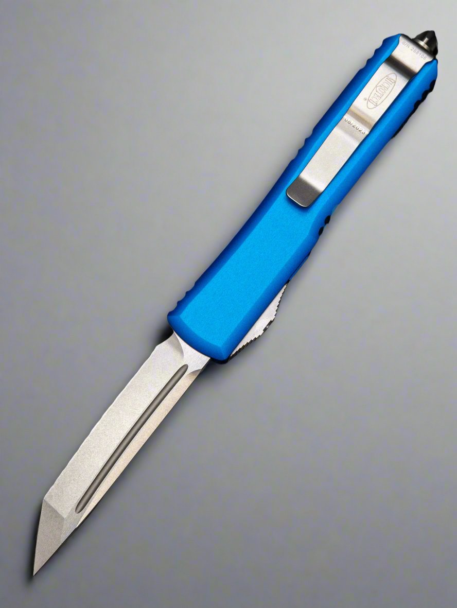 MICROTECH ULTRATECH OTF KNIFE- TANTO EDGE- BLUE HANDLE- STONEWASH FULL SERRATED BLADE 123-12 BL