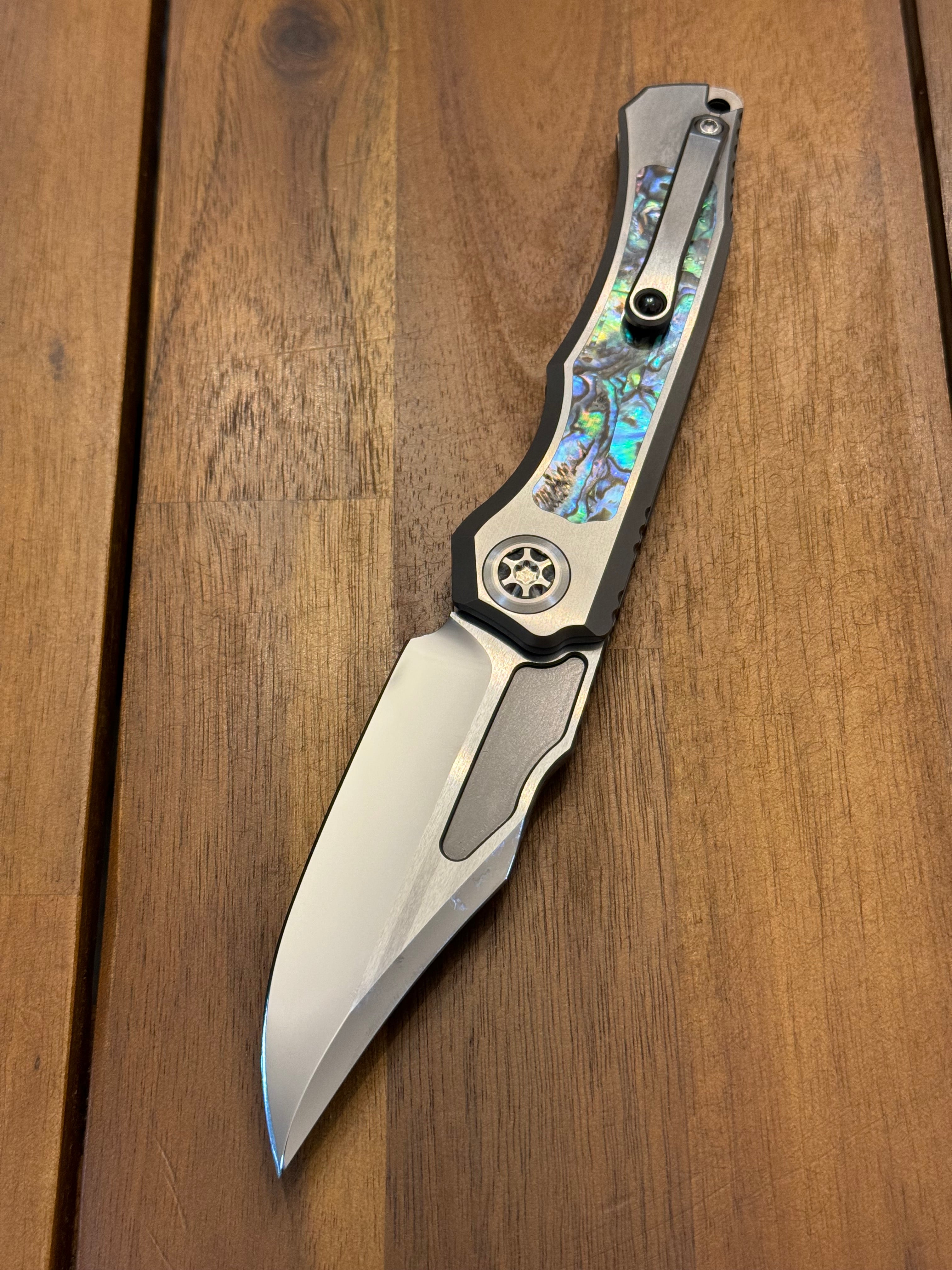Heretic Custom V4 Wraith Bowie Mirror Polish M390 Hefted Titanium w Abalone Inlays